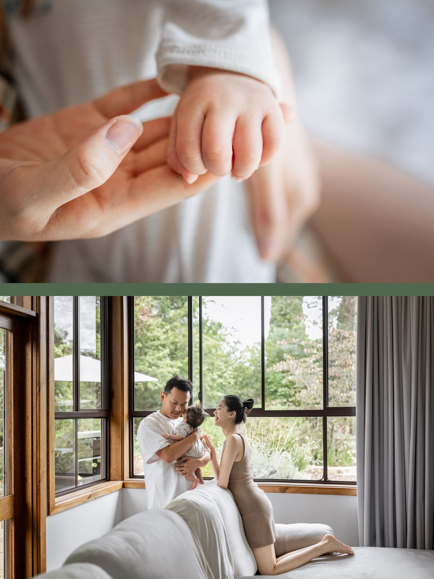 Close-up of a baby grasping an adult finger, with a family portrait near a window below.