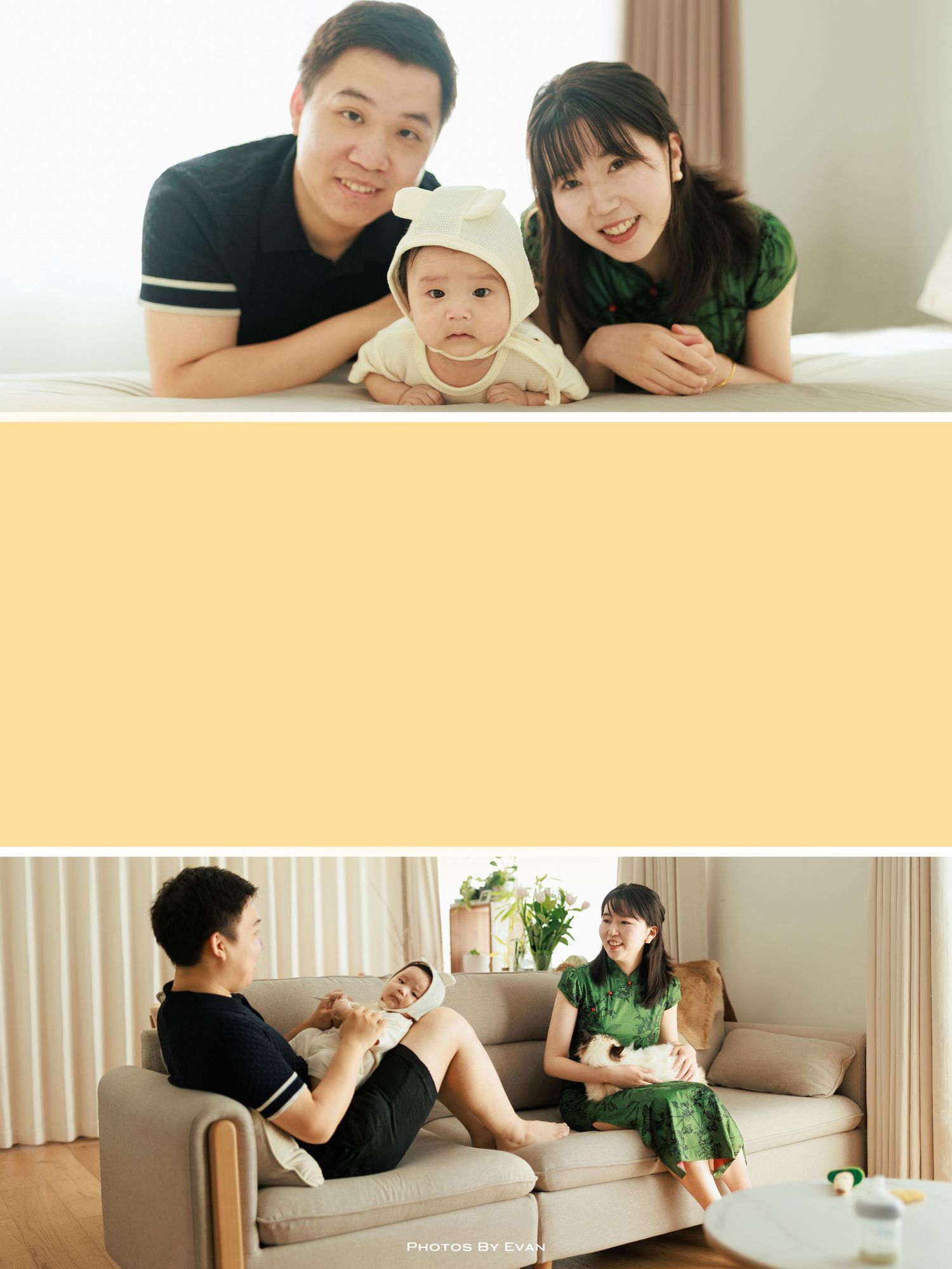 Young Asian family with baby posing on bed and relaxing on sofa, captured by Photos By Evan.