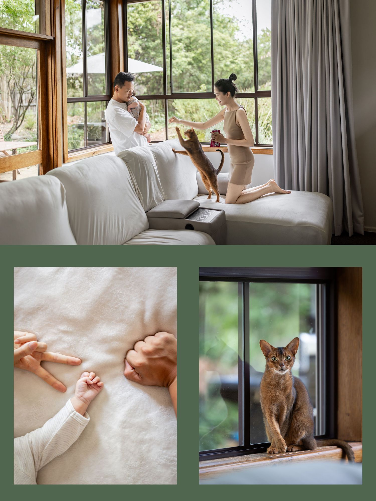 A couple sits on a white sofa with their cat near large windows in a bright, modern living room.
