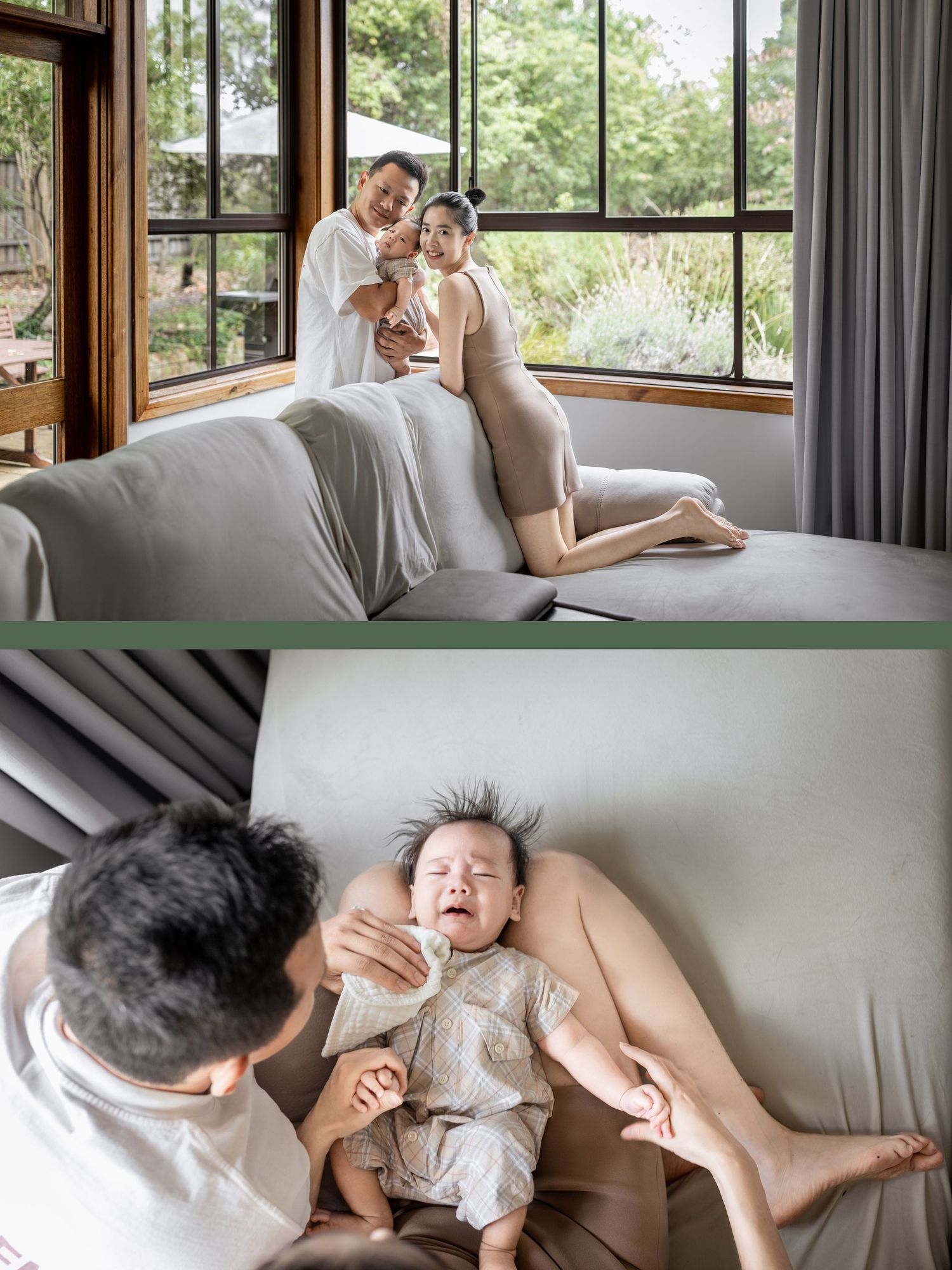 A couple sits on a sofa near a window holding their newborn baby in a cozy home setting.