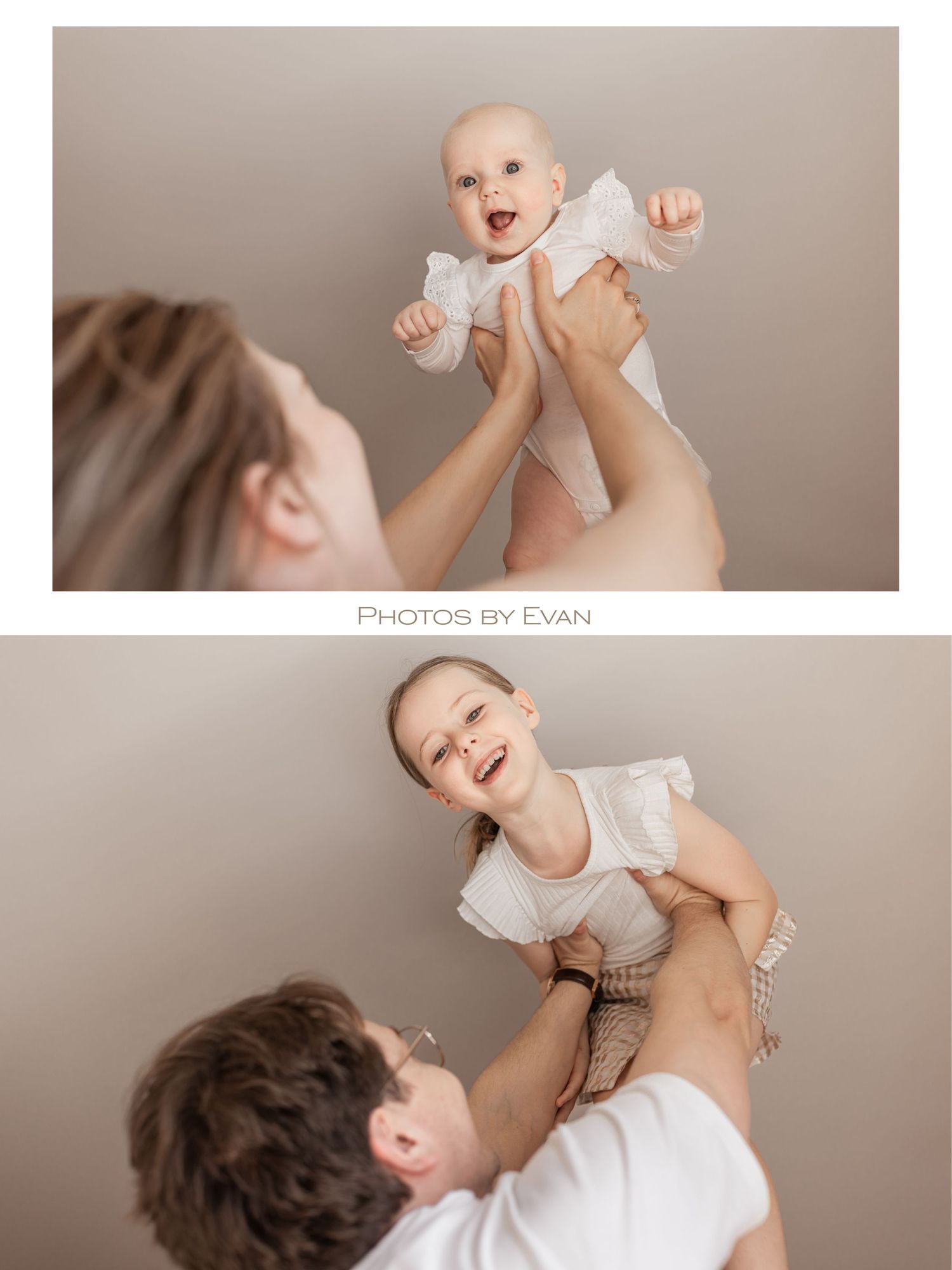 Playful parent lifting a laughing baby in the air during a professional family photo session.