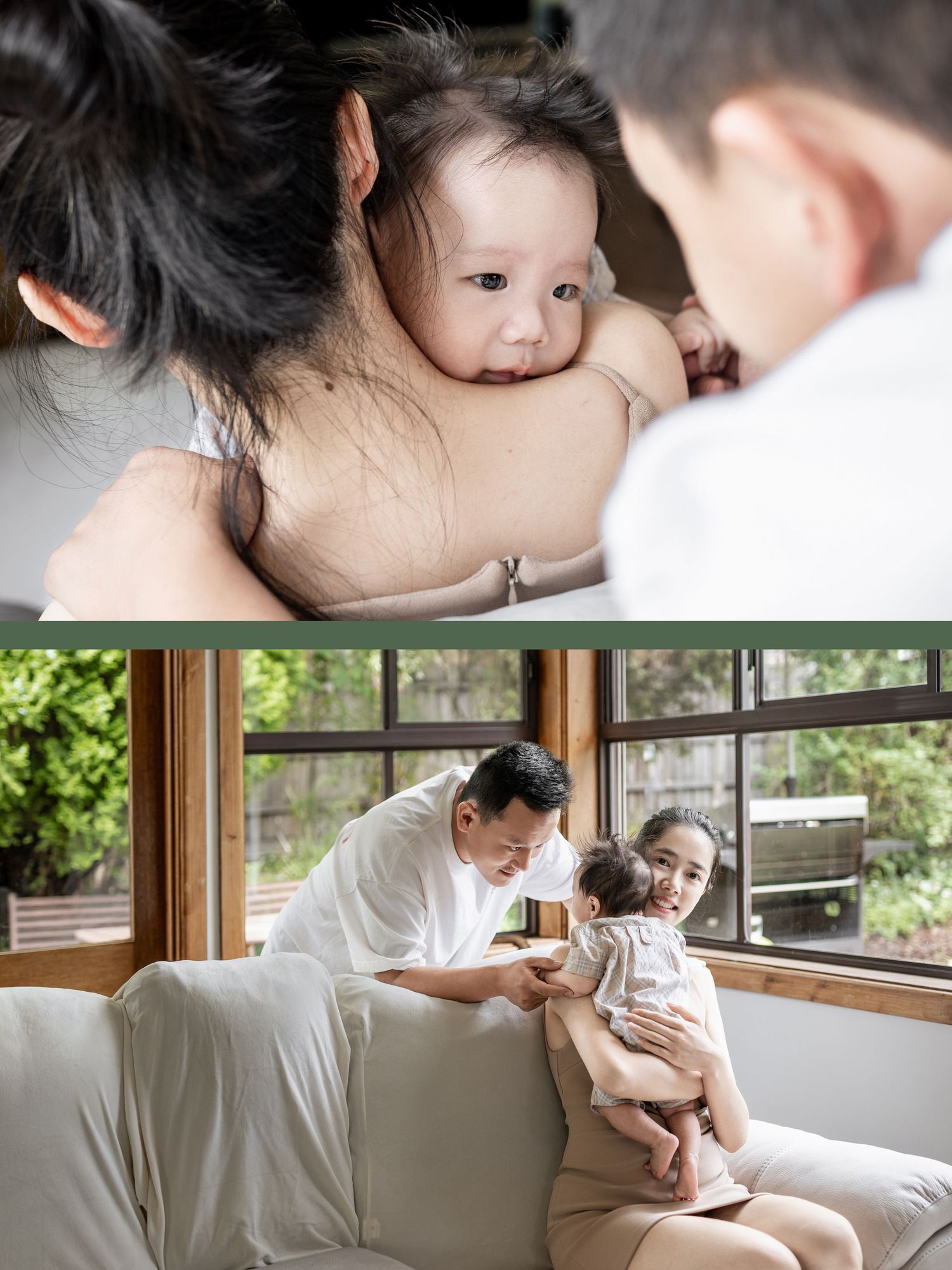 A baby rests on a mothers shoulder while a father smiles at them on a cozy sofa.