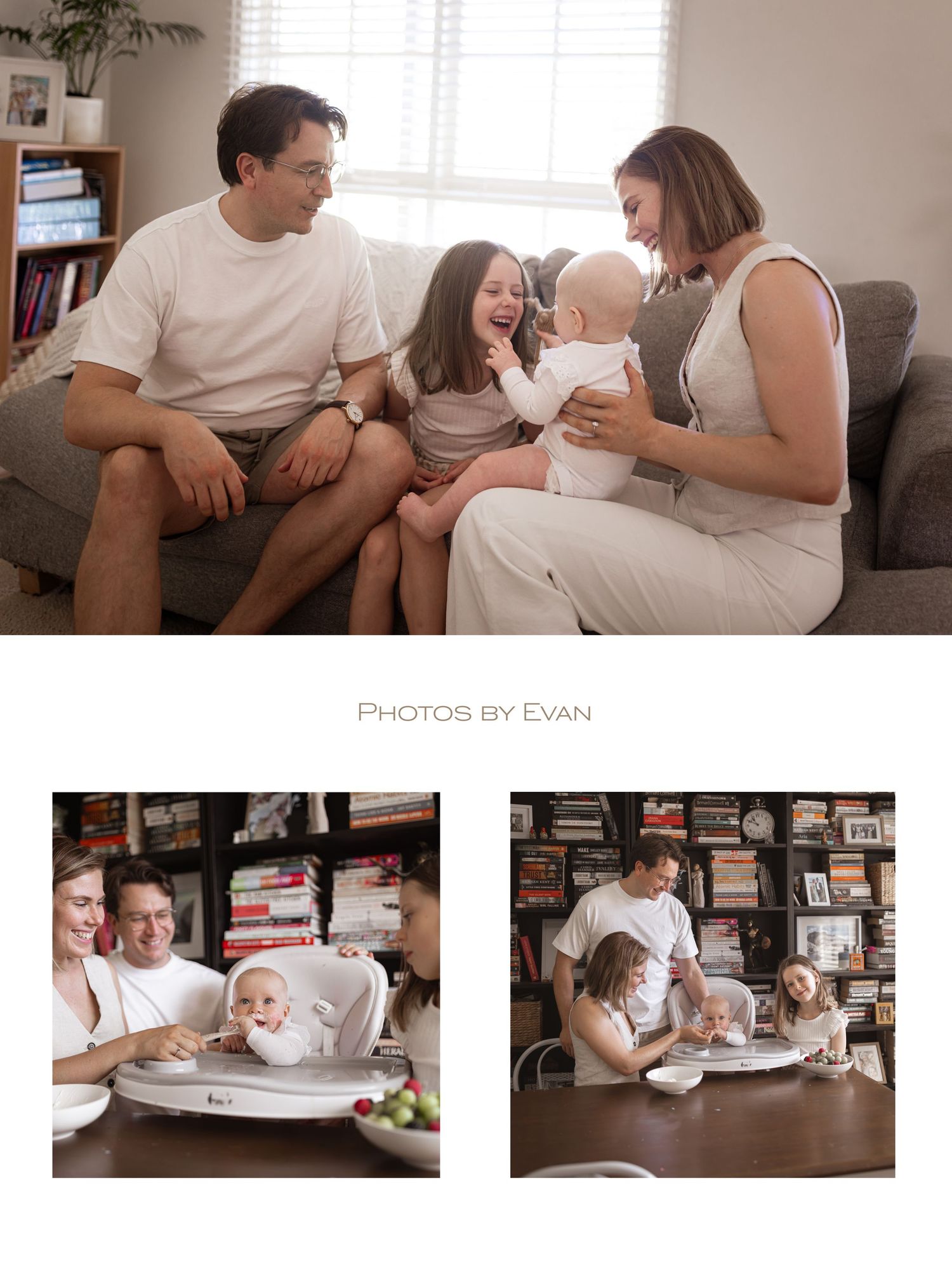 Joyful family of four sharing candid moments on a sofa and at a dining table in a bright home.