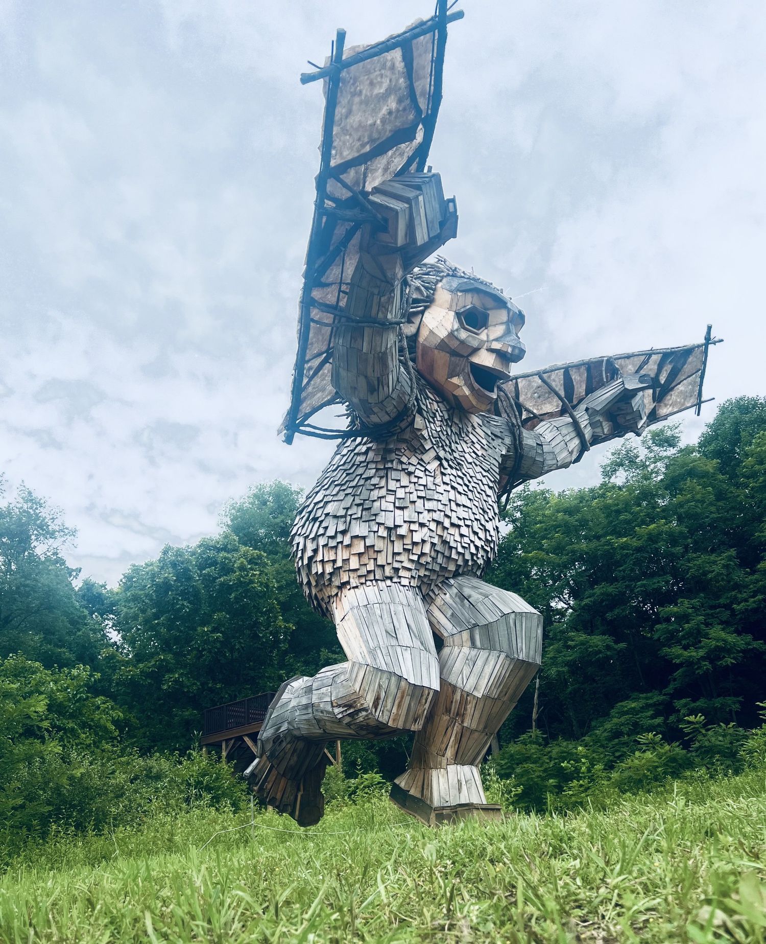 Large wooden troll sculpture with raised arms standing in a grassy field at Aullwood Audbon Center and Farm, surrounded by trees.