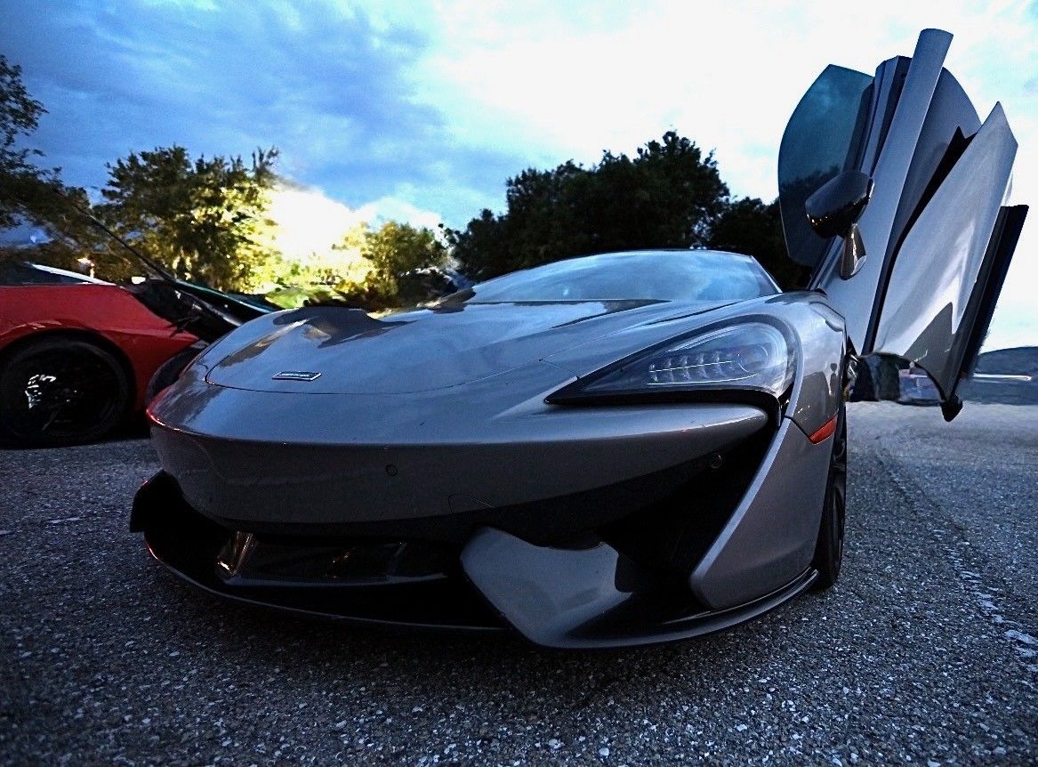 Silver McLaren supercar with dihedral doors open, parked at dusk with trees in background.