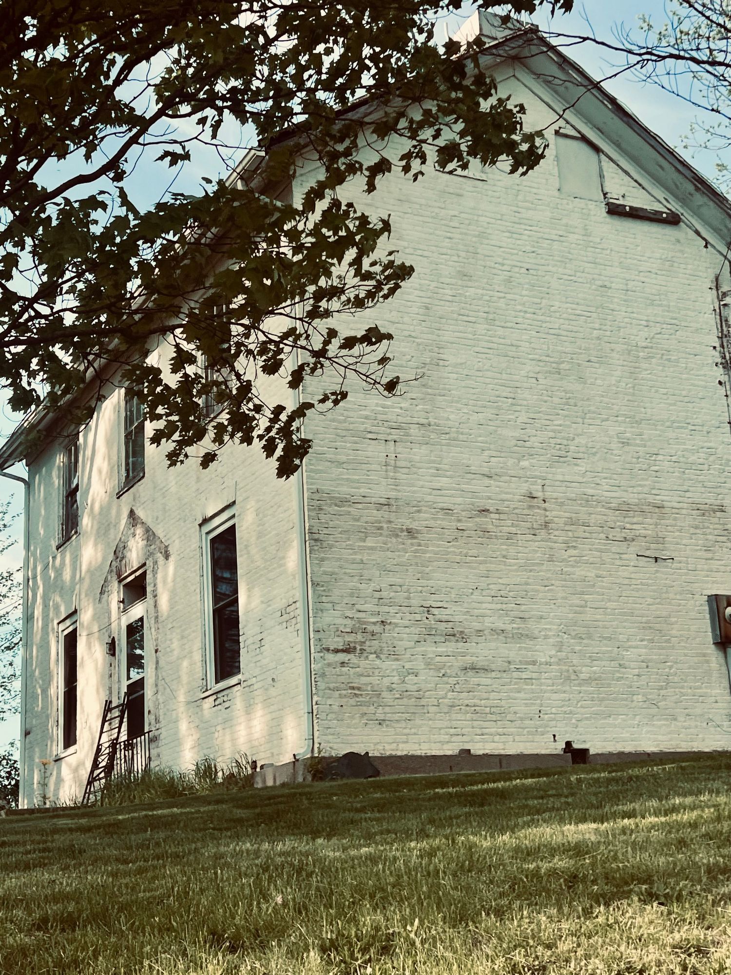 White painted brick farmhouse on a grassy hill with a ladder leaning against it and tree branches overhead.