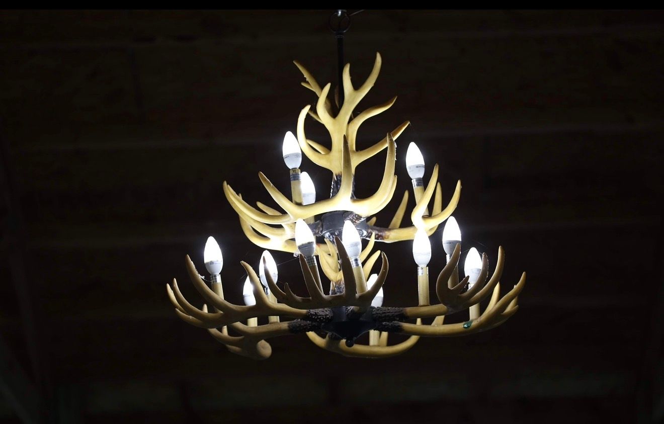 Rustic antler chandelier with candle-style lights hanging from wooden ceiling in a lodge-style interior.