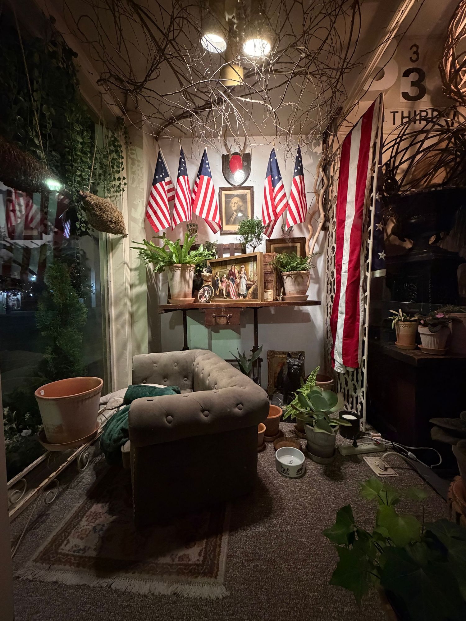 Cozy patriotic room with American flags, tufted armchair, plants, and shelves decorated with memorabilia.
