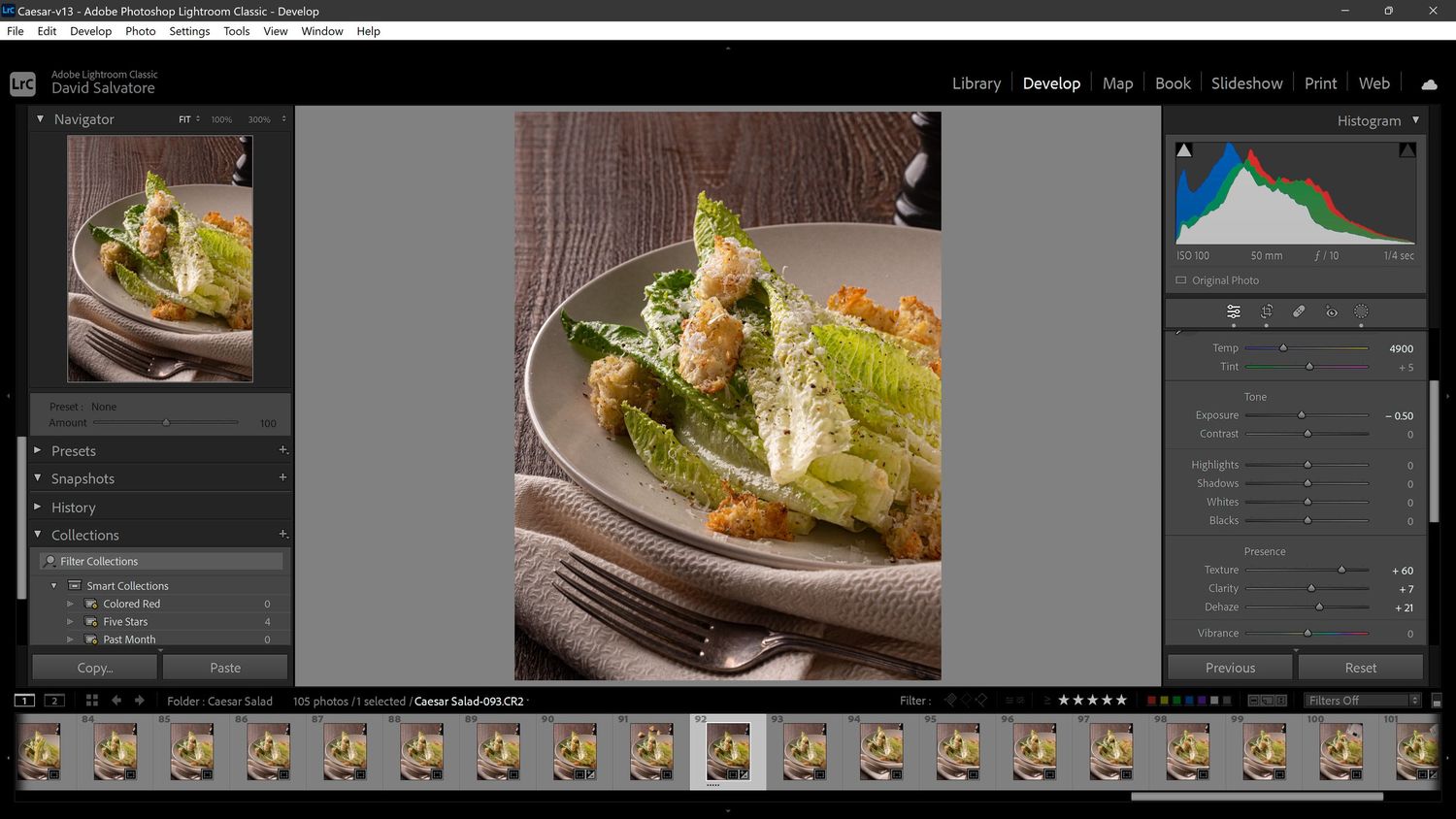 Adobe Lightroom interface displaying food photography editing of a Caesar salad dish with histogram and adjustment panels visible.