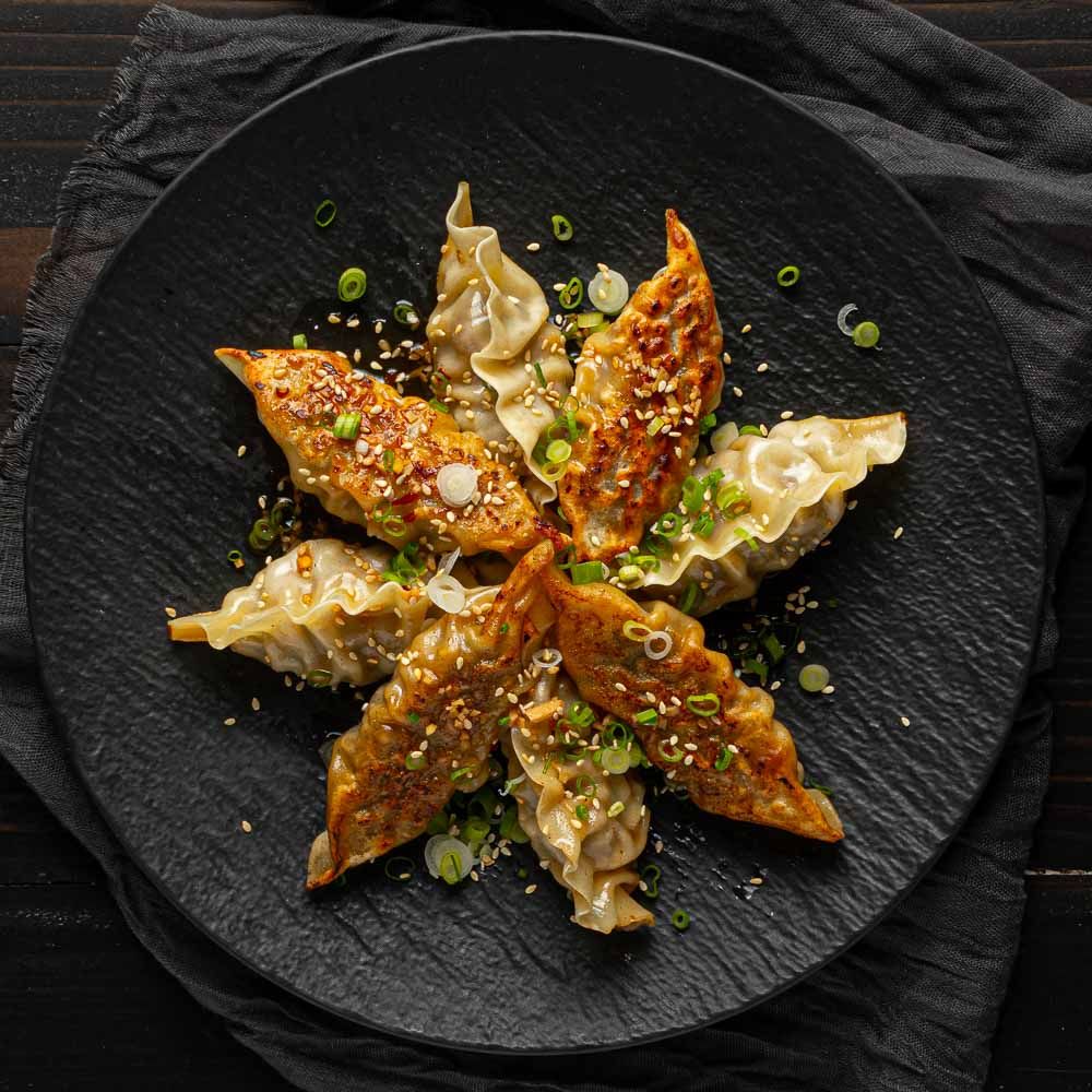 Overhead photograph of steamed and fried dumplings on a black plate by Philadelphia photographer David Salvatore