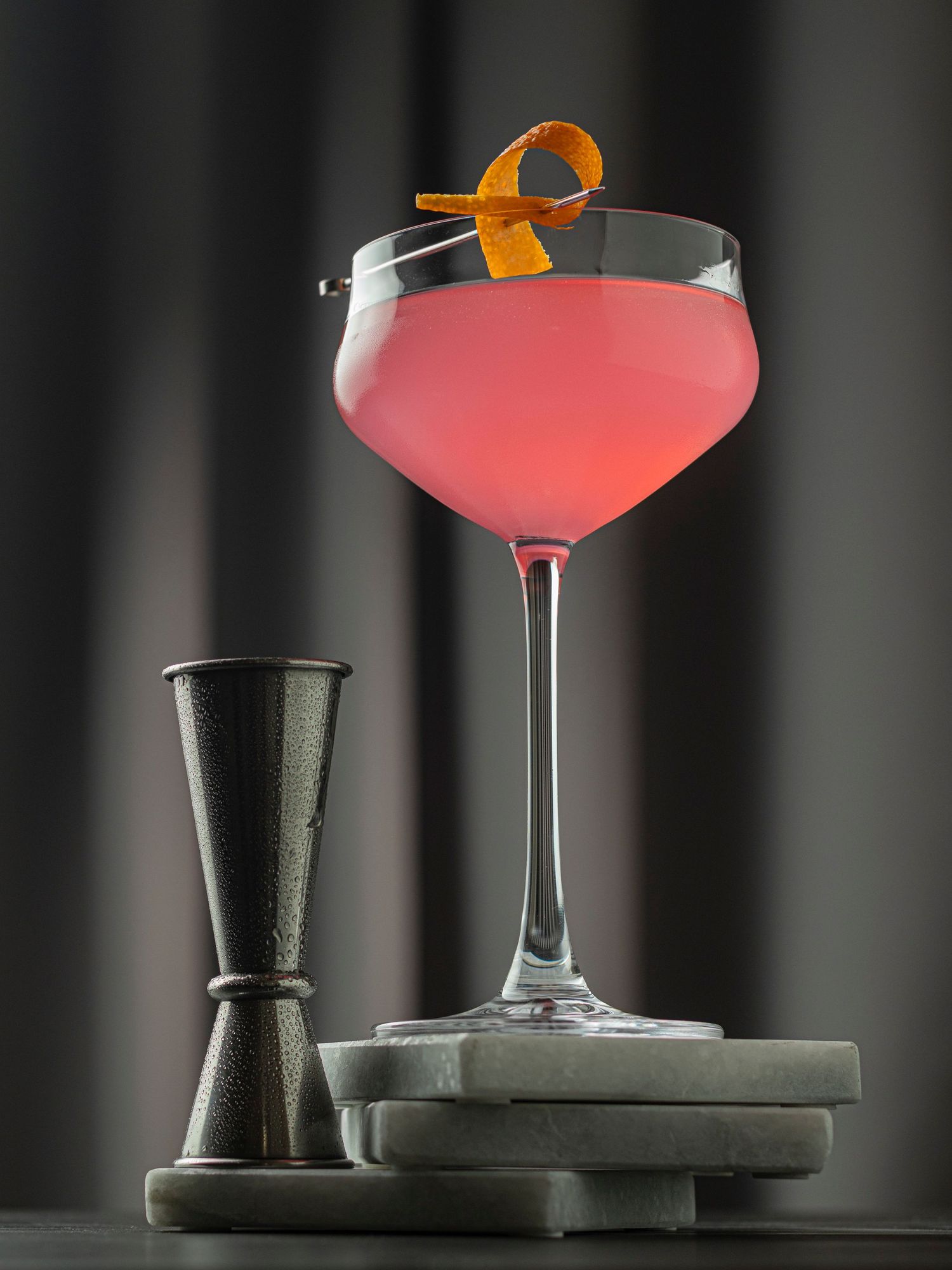Head-on shot of a Cosmopolitan cocktail shot in the studio of photographer David Salvatore.