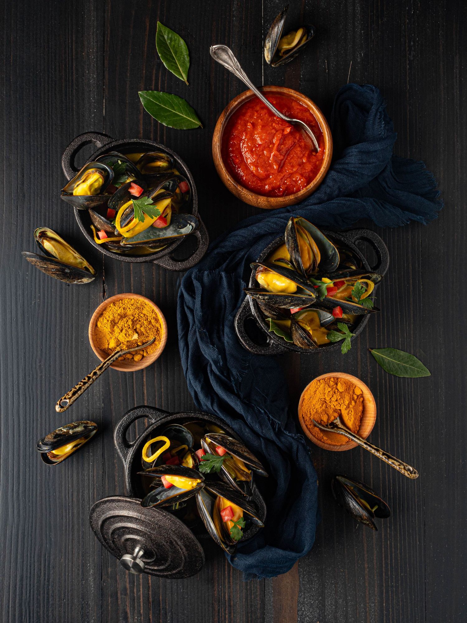 Overhead composition with black bowls of curry mussels, harissa and spices