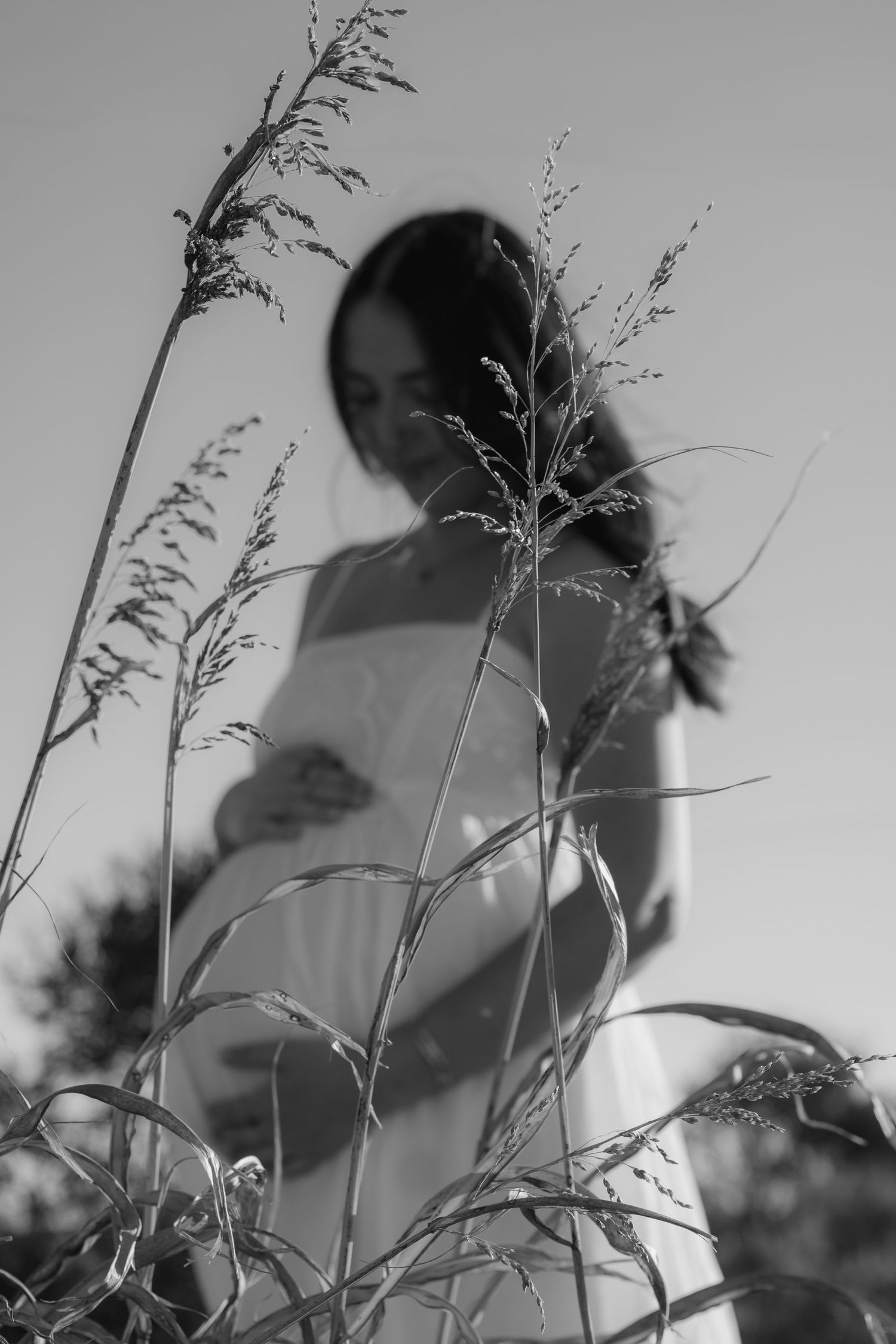 Black and white photo of pregnant woman in white dress standing among tall grass in soft natural light.