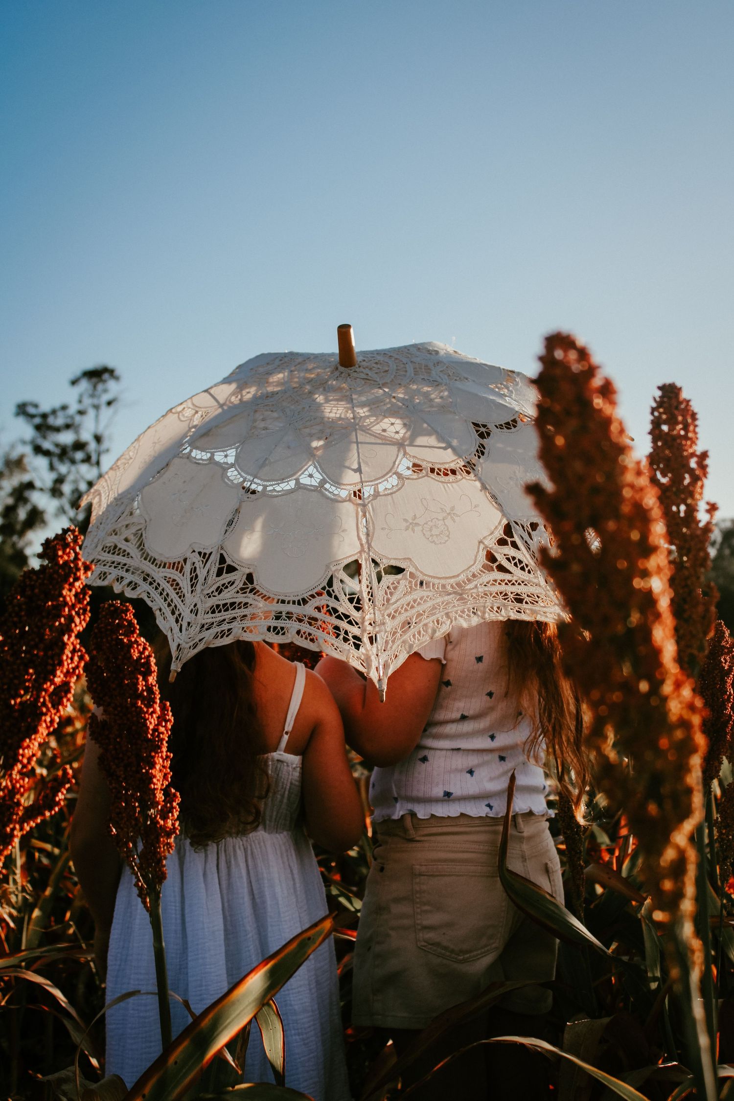 Two women in white dresses holding a lace parasol umbrella in a sunlit field of tall red flowers.