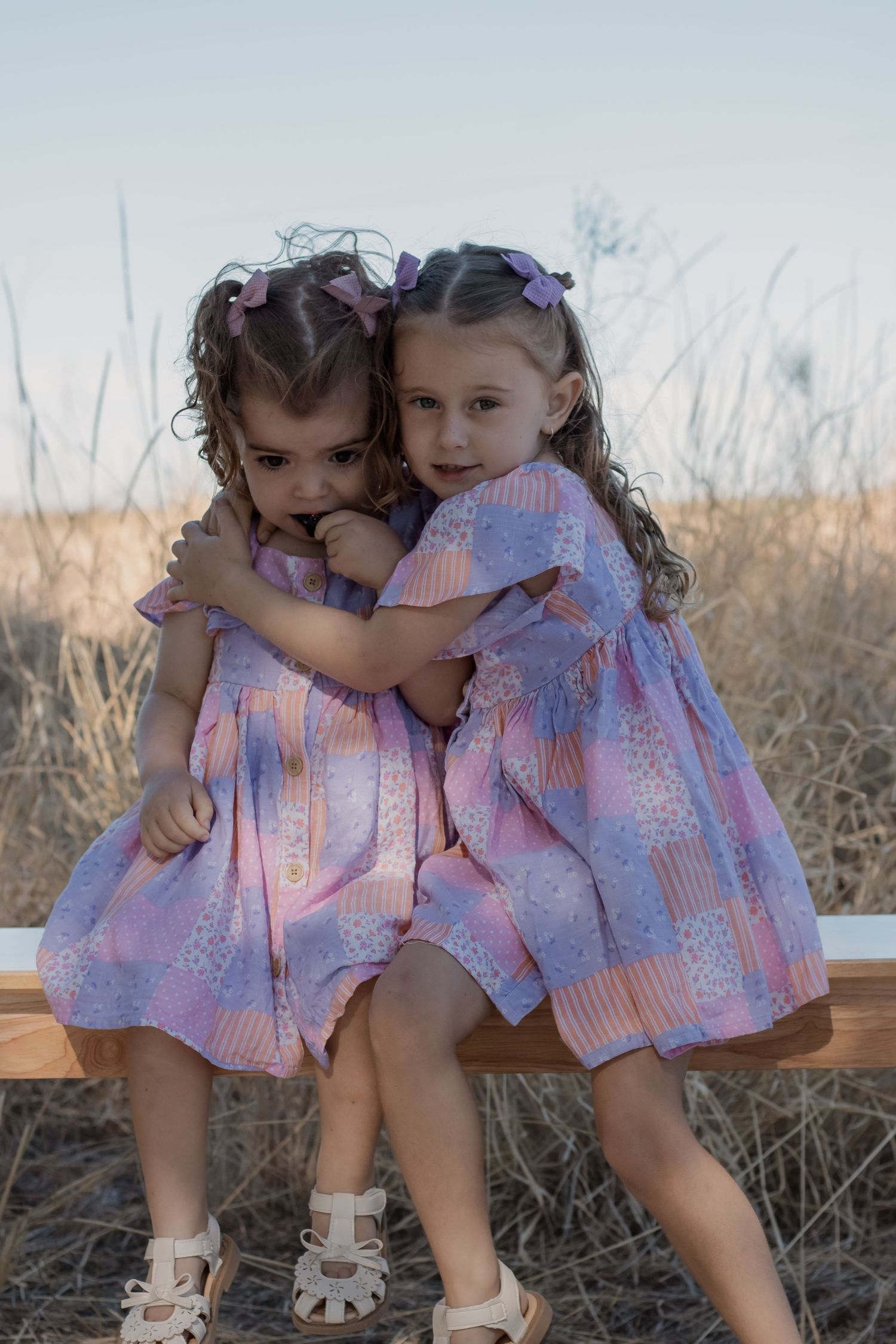 Two young girls in matching pink and purple dresses hugging on a bench outdoors.