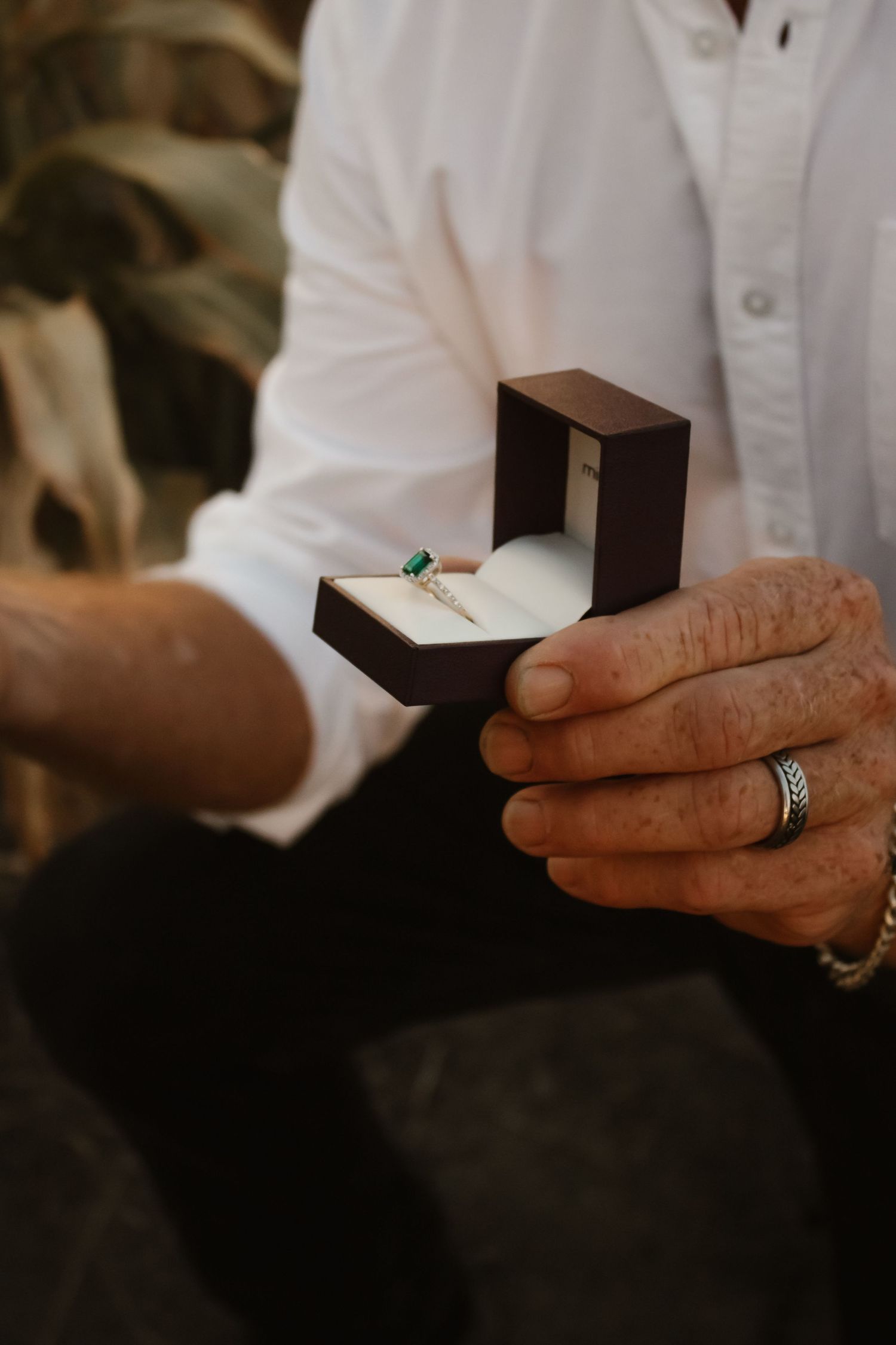 Elderly man in white shirt holding open dark jewelry box with emerald and gold engagement ring.
