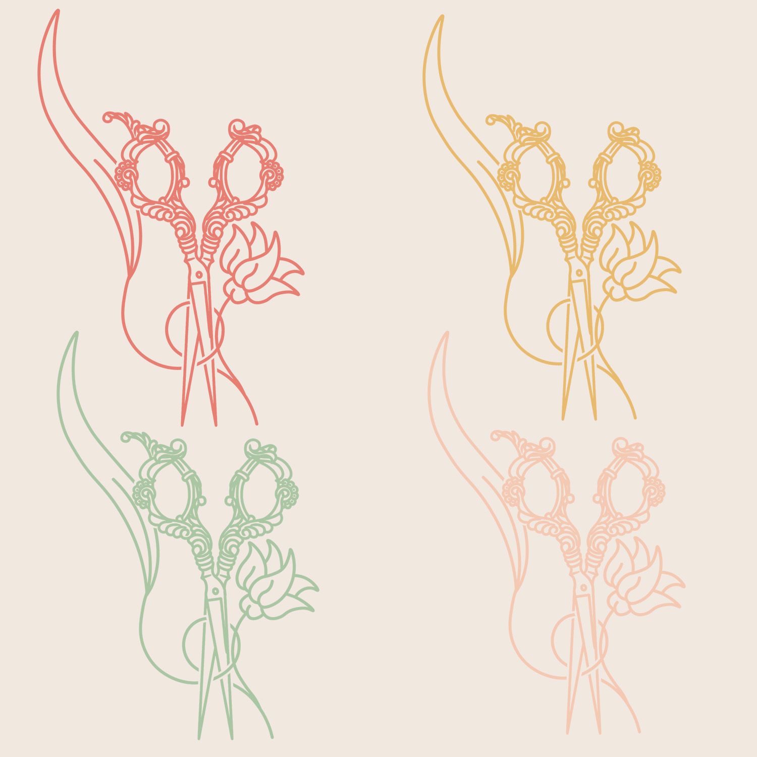 Four decorative scissors with floral tulip designs in red, orange, pink, and green outlines.
