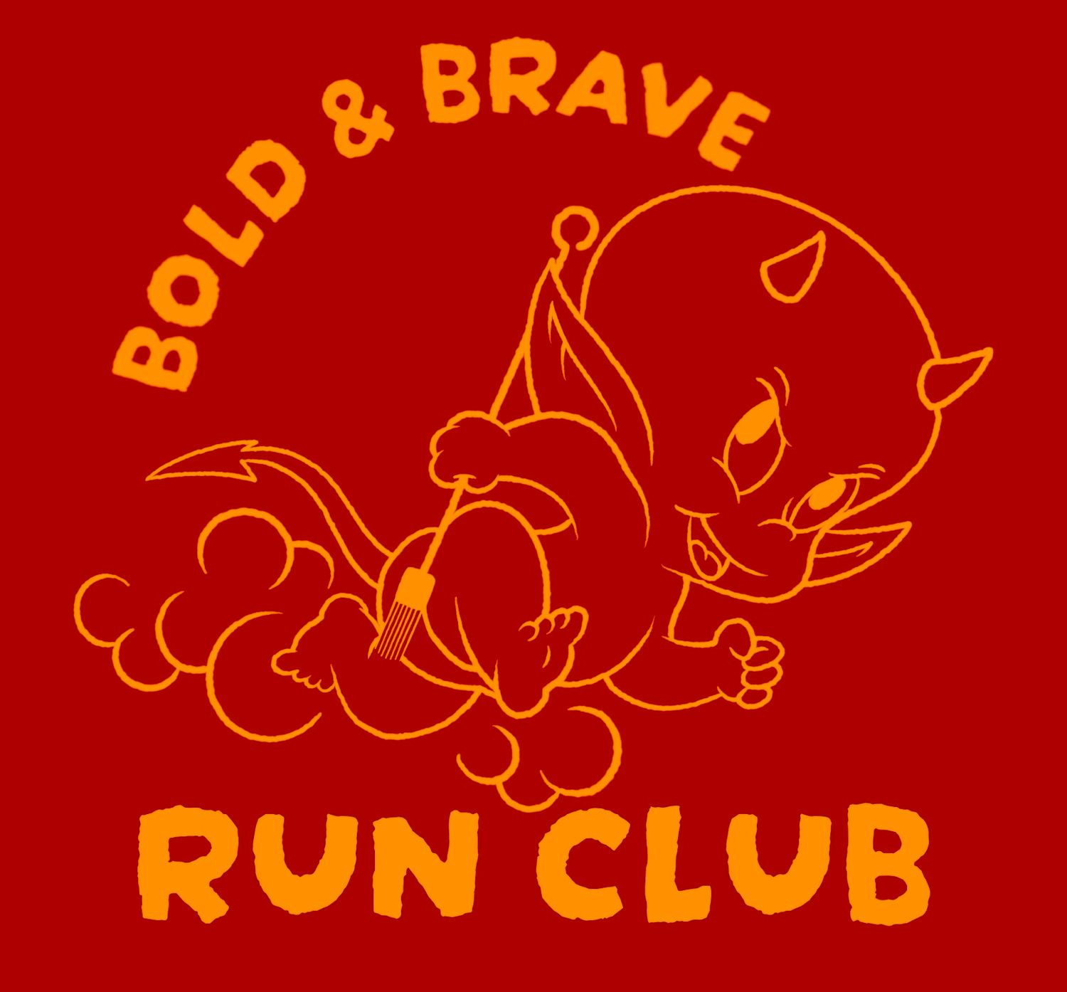 Bold & Brave Run Club red t-shirt design featuring a cartoon devil character in golden yellow ink.