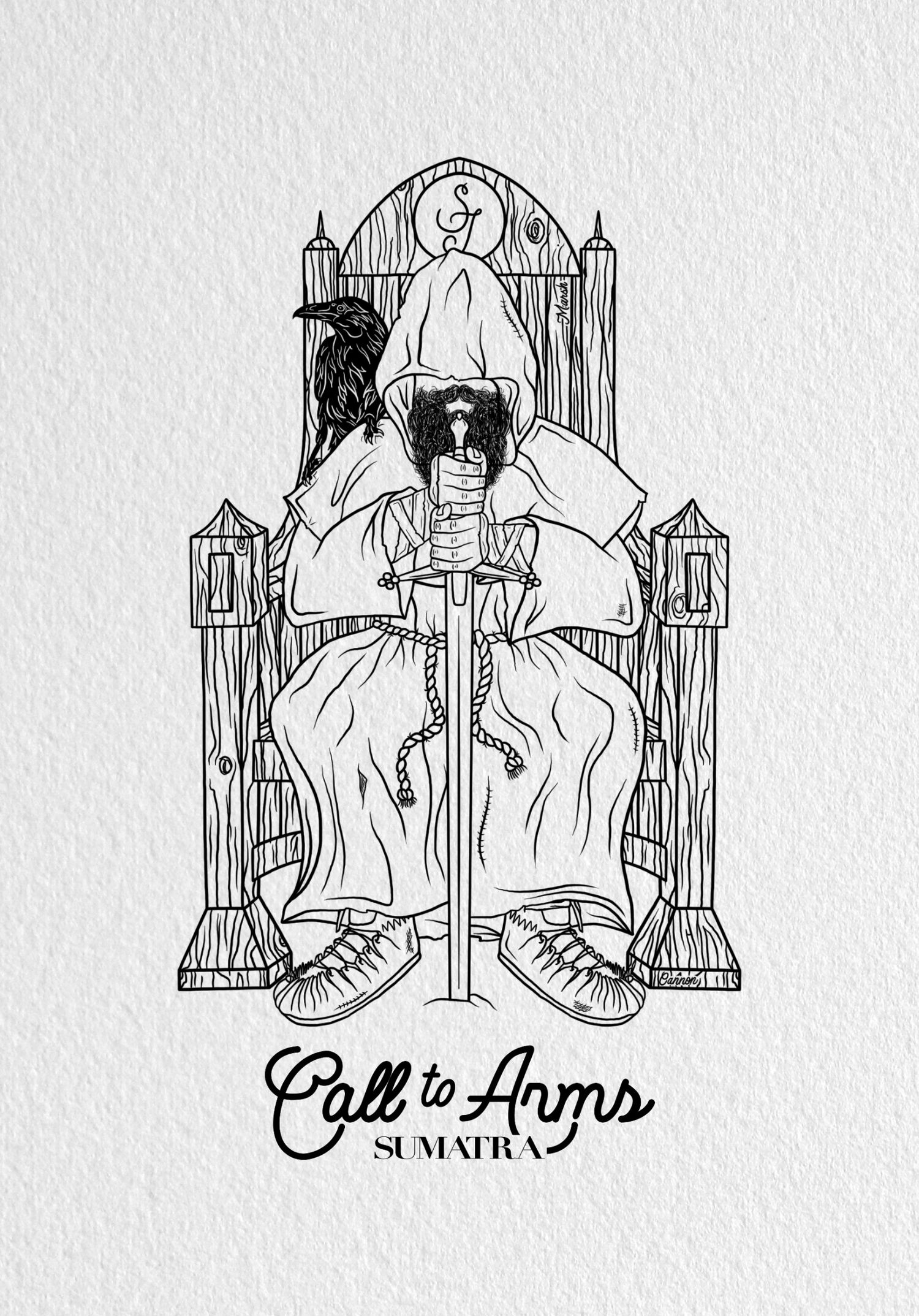 Call to Arms Sumatra black ink illustration of hooded figure on throne with crow and sword.