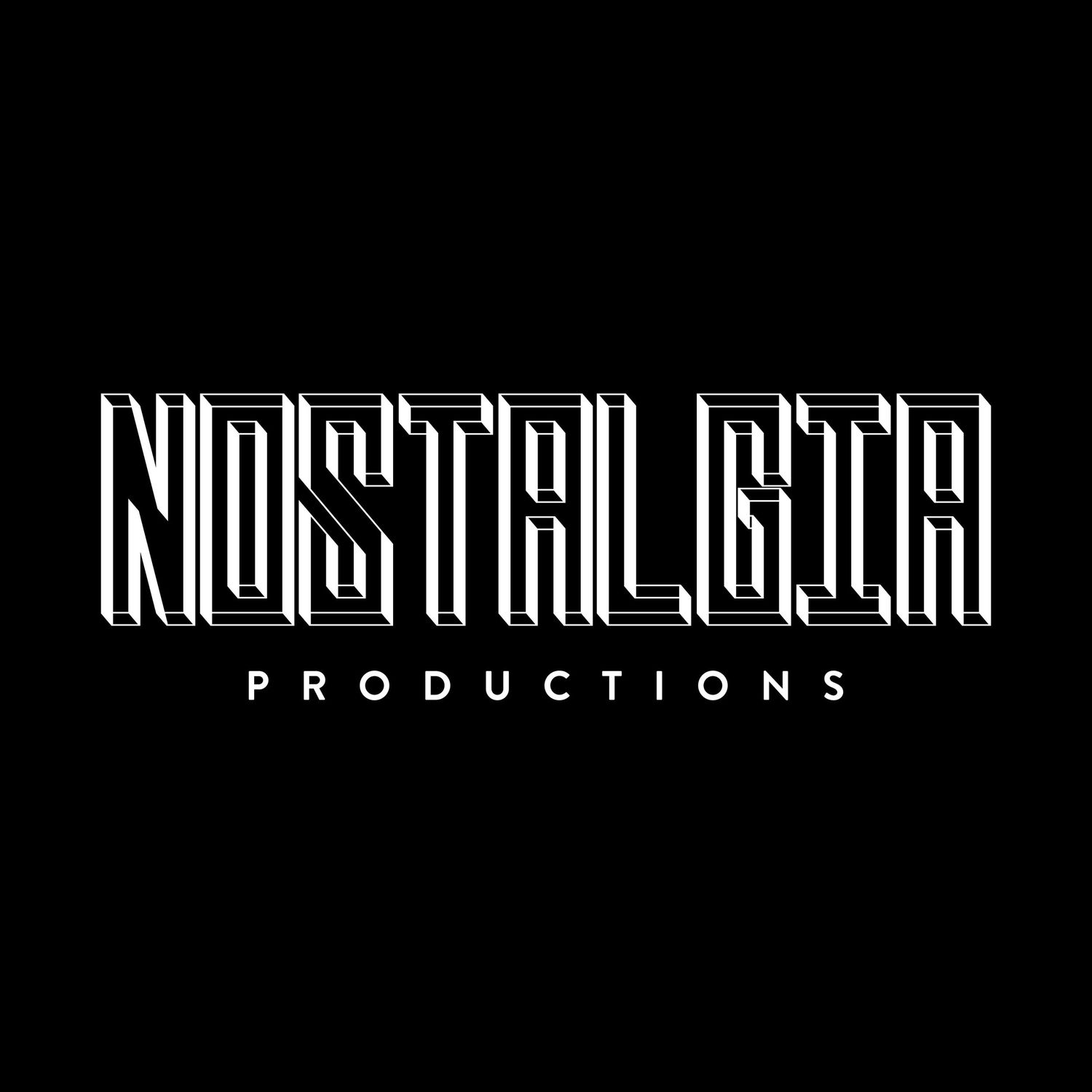 Nostalgia Productions logo in white geometric layered typography on black background.