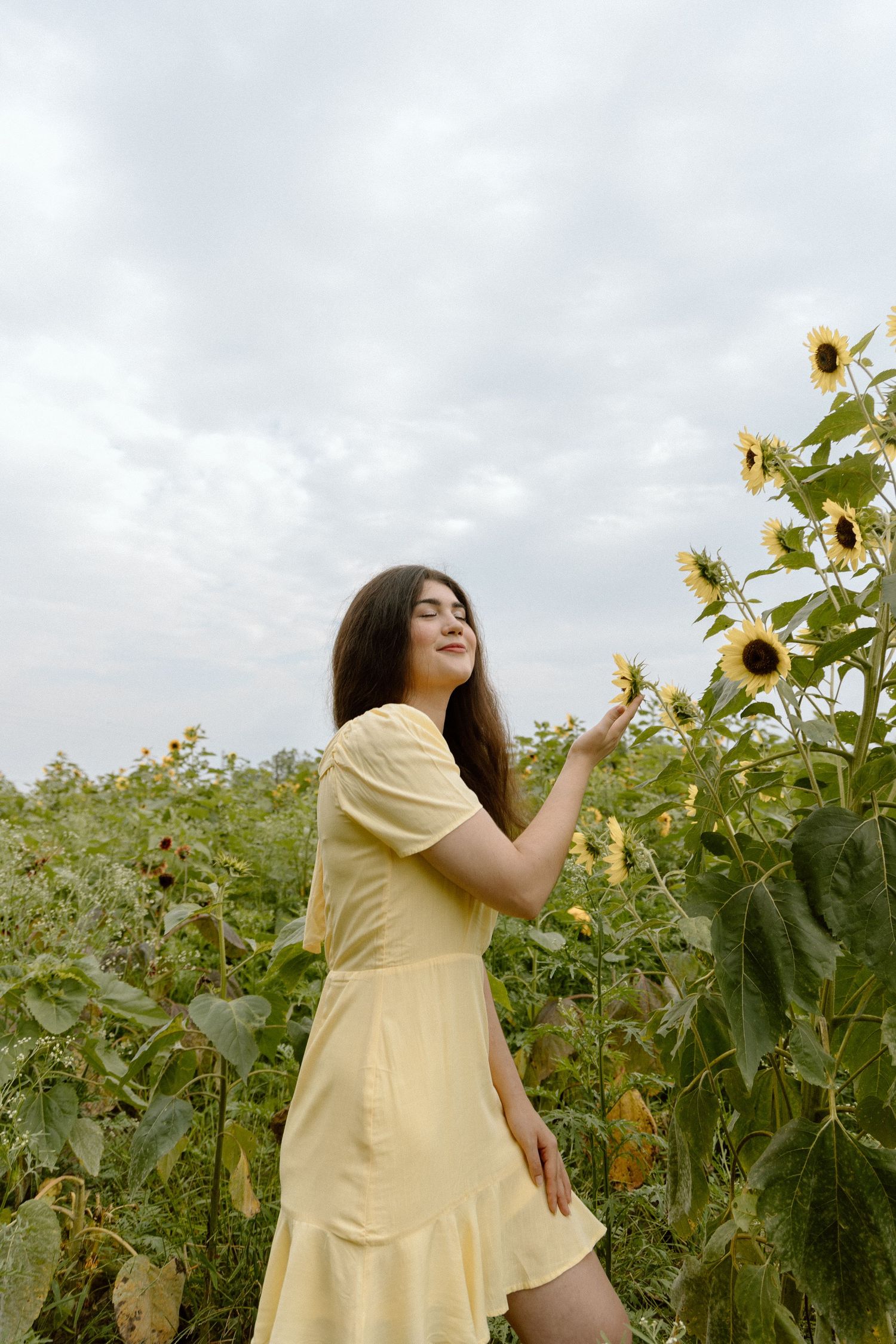Young woman in yellow dress gently touching sunflowers in a vast sunflower field under cloudy sky.
