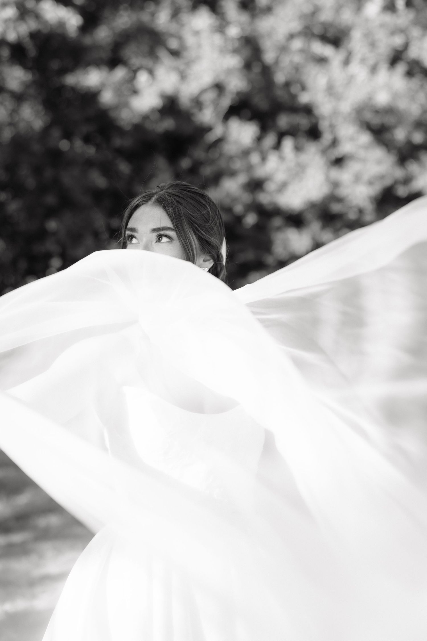 Artistic black and white portrait of a bride with her flowing white veil billowing dramatically in the wind.