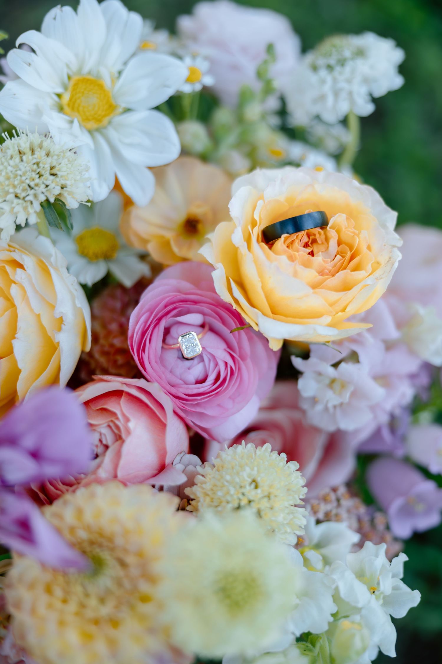 Elegant wedding rings nestled in a colorful bridal bouquet of peach roses, pink ranunculus, and white daisies.