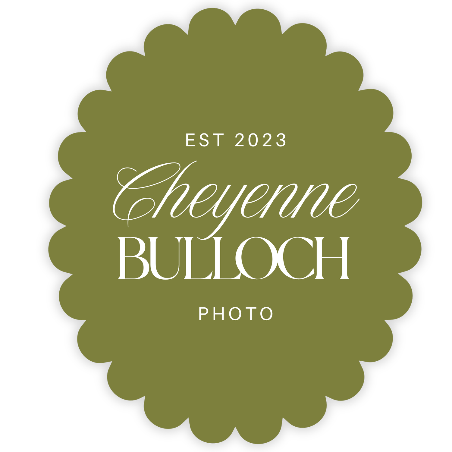 Cheyenne Bulloch Photo logo, an olive green scalloped badge design with elegant white typography, established 2023.