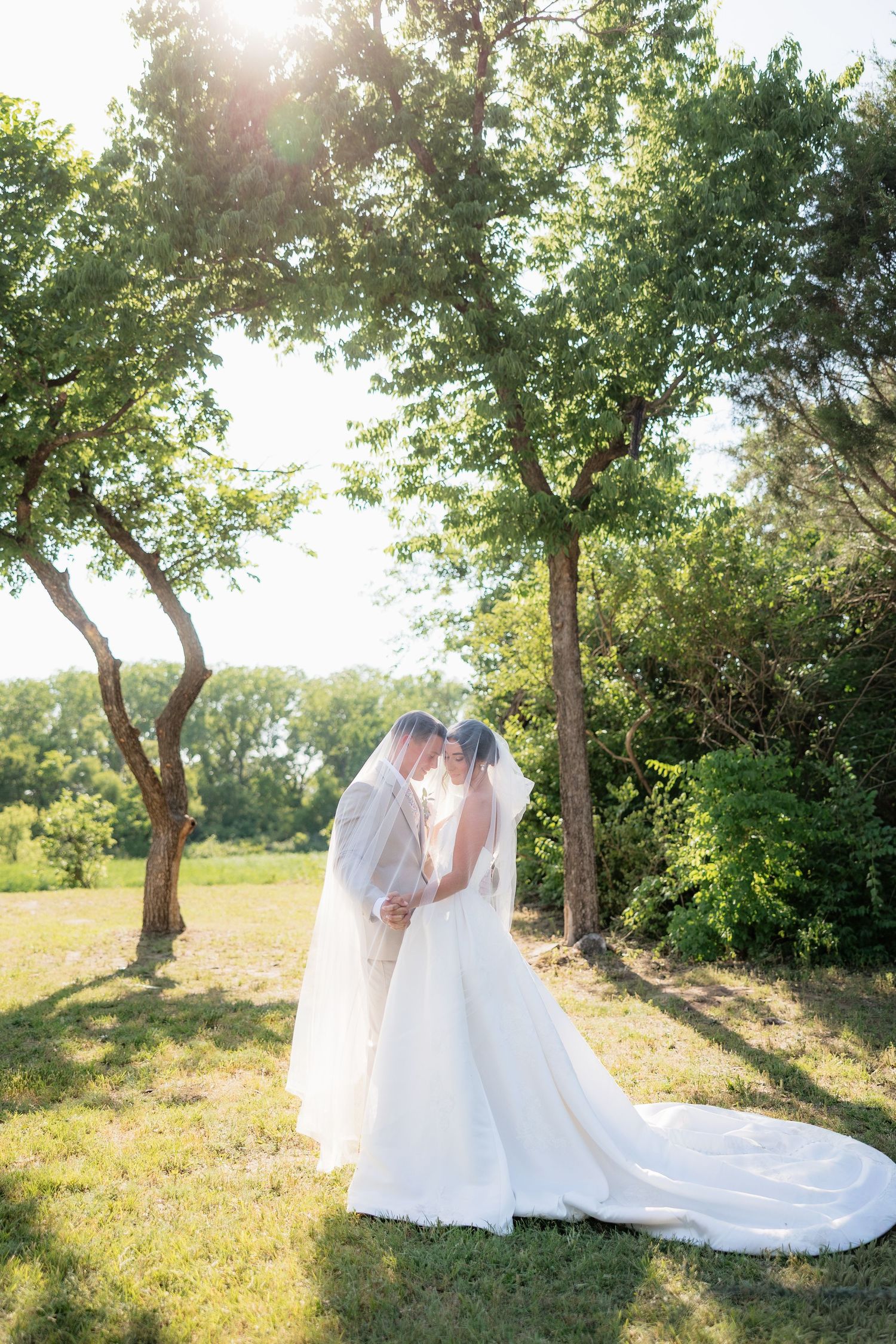 Bride and groom sharing a romantic moment under sunlit trees, bride's long veil and train spread across green grass.