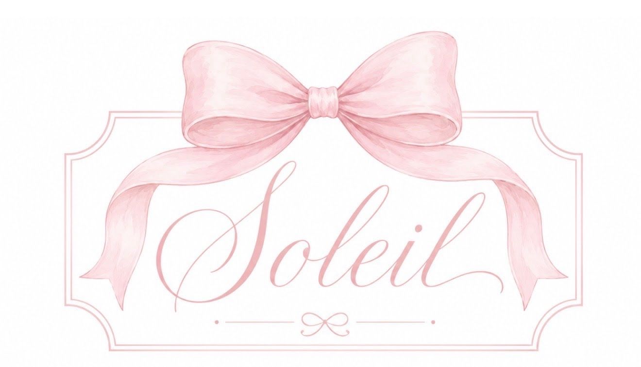 Pink watercolor bow above elegant cursive Soleil logo in decorative frame, soft feminine branding design.