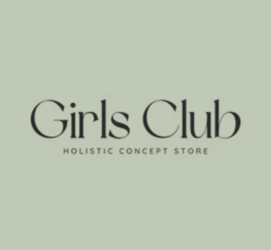 Modern typography logo for Girls Club holistic concept store on sage green background.