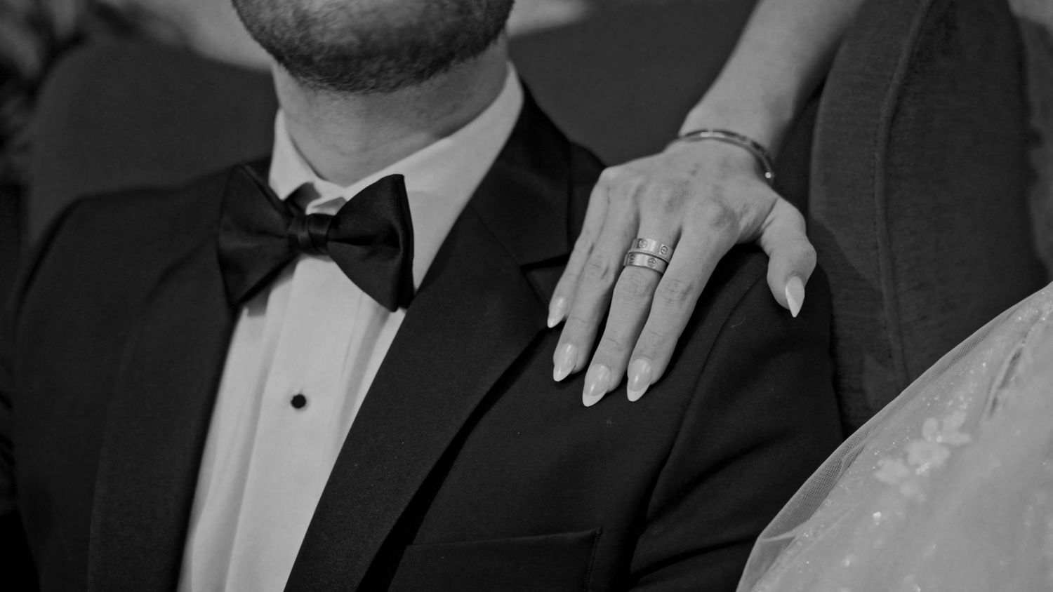 Memory Lane Studios detail wedding photography at Fairmont Copley Plaza Boston featuring black and white close-up of tuxedo and engagement r