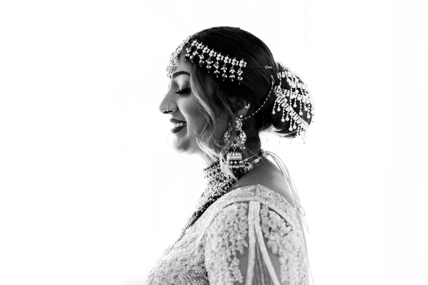 Memory Lane Studios bridal portrait photography featuring bride in lace wedding dress with ornate jewelry and beaded headpiece