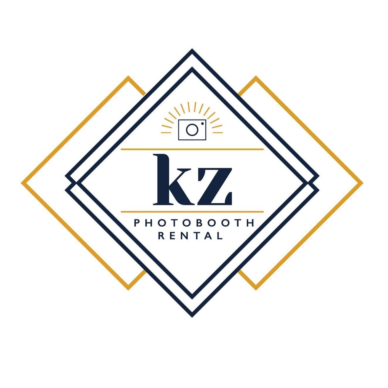 KZ Photobooth Rental logo featuring navy and gold diamond shapes with a camera icon and elegant typography.