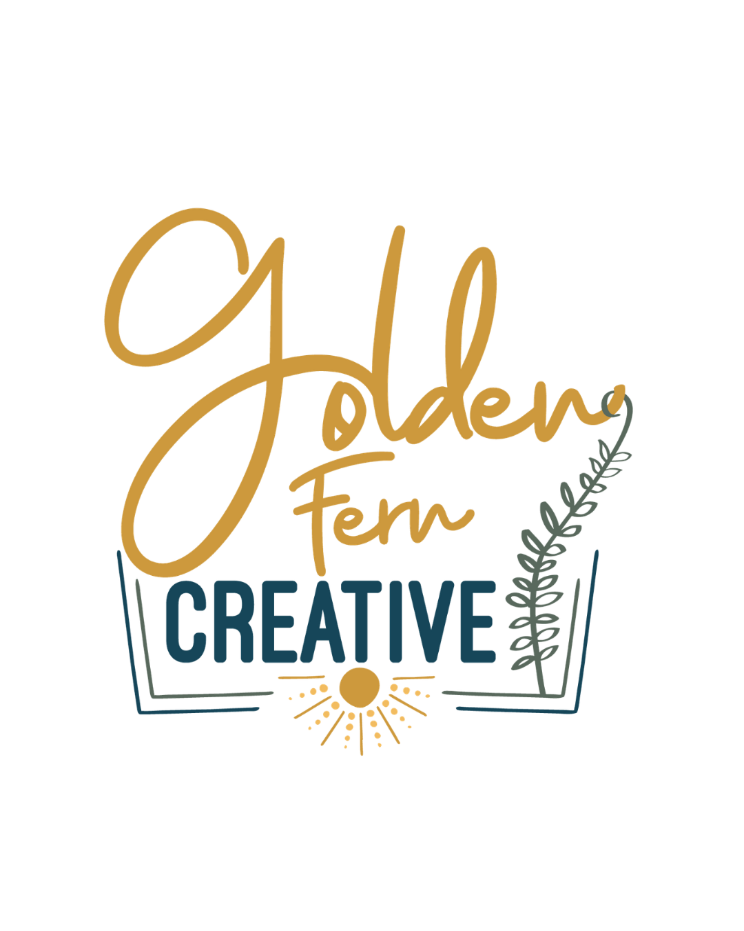 Golden Fern Creative logo featuring elegant gold script lettering, teal block text, and a decorative fern branch illustration.