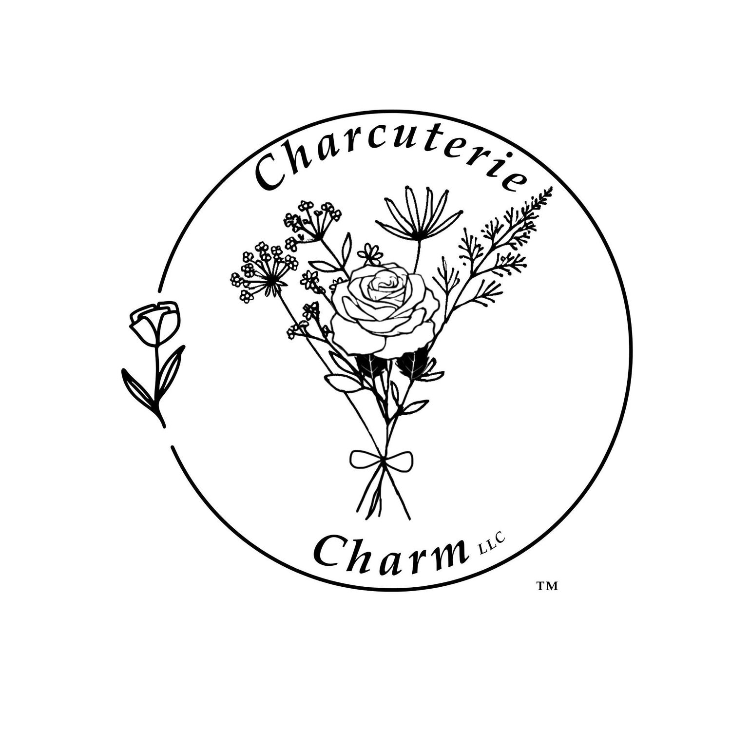 Black and white circular logo for Charcuterie Charm LLC featuring a floral bouquet with a rose centerpiece and elegant typography.