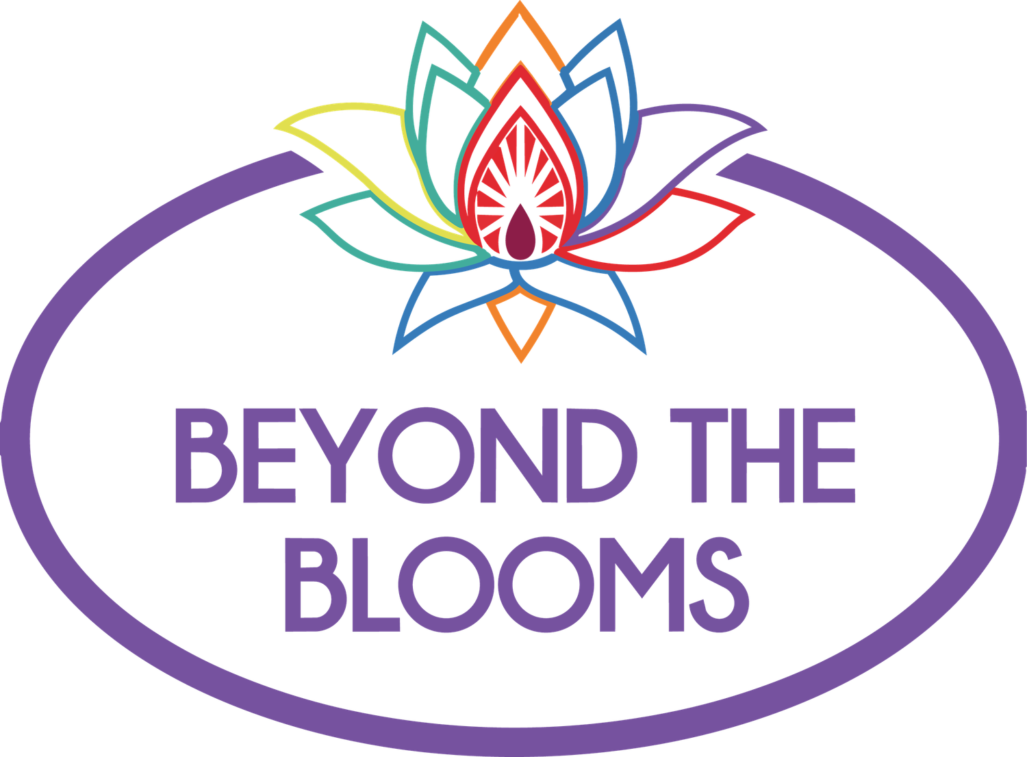 Beyond The Blooms logo featuring a colorful lotus flower above bold purple text inside an oval border.
