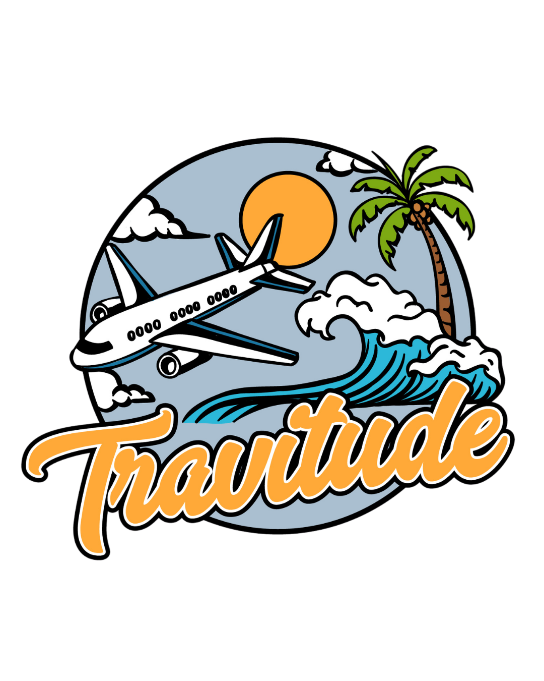 Travitude travel brand logo featuring an airplane, ocean waves, palm tree, and sun in a circular badge design.