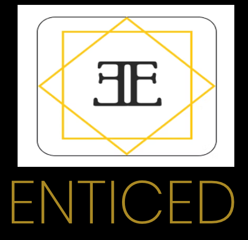 Enticed brand logo featuring mirrored letter E monogram inside geometric diamond and rounded rectangle frame.