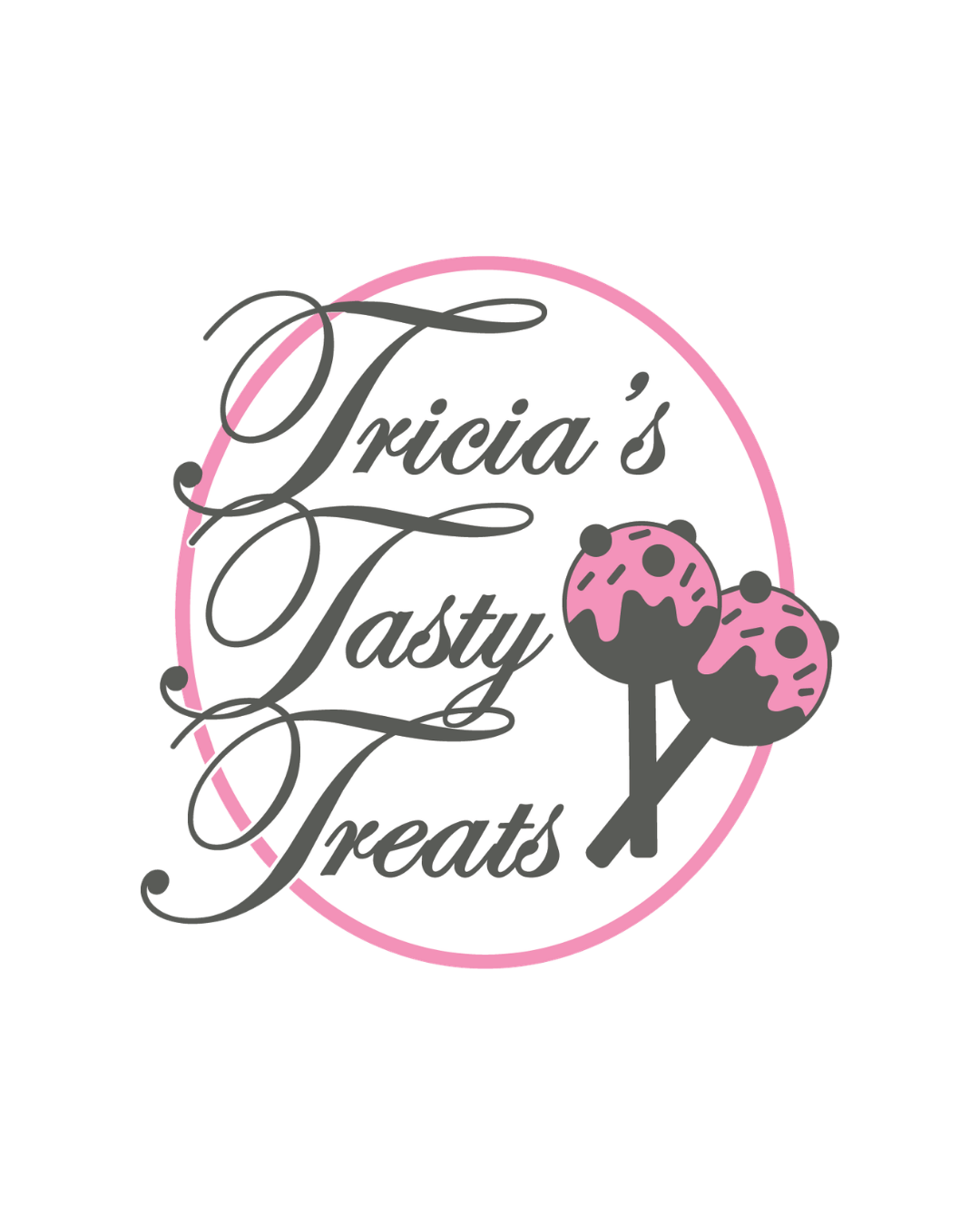 Tricia's Tasty Treats bakery logo with pink oval border and cake pops illustration in pink and gray.