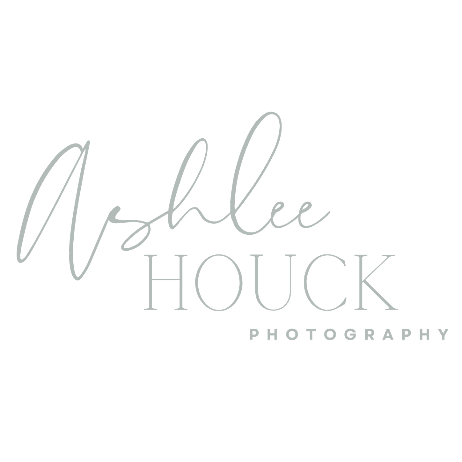 Ashlee Houck Photography logo in soft gray script lettering on white background.