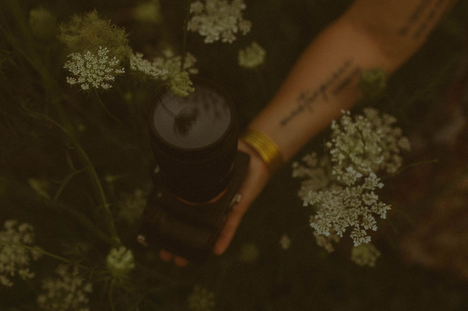 Tattooed hand holding a black camera lens among white wildflowers outdoors.
