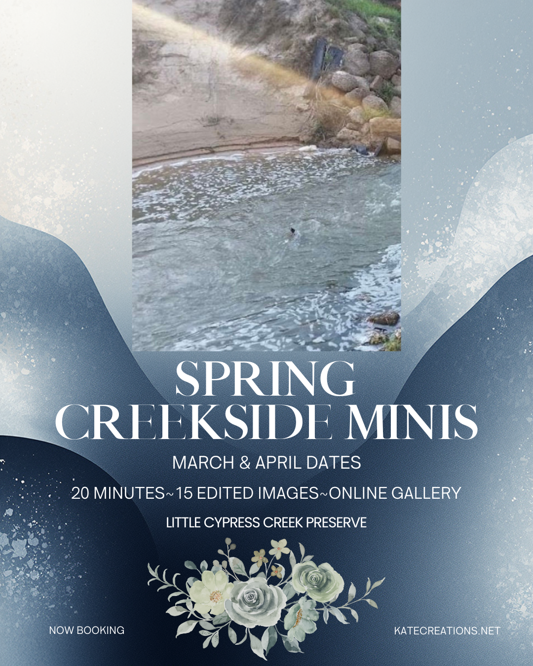Spring mini photo sessions advertised with crashing waves and floral design at Little Cypress Creek Preserve.