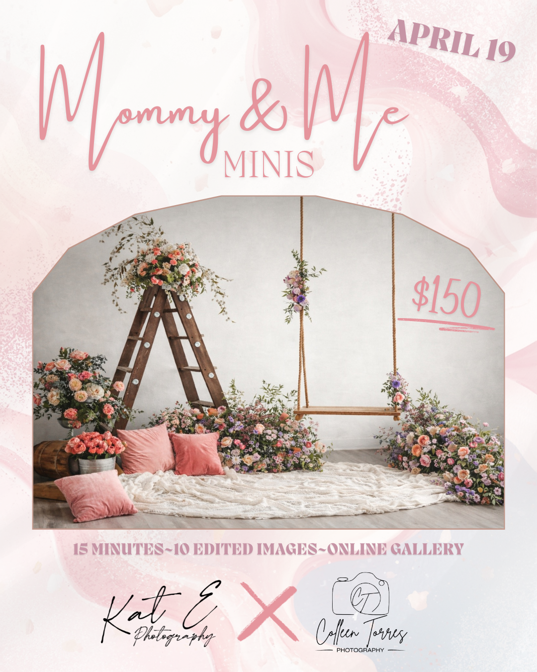 Rustic wooden ladder decorated with pink and coral floral arrangements against a white wall for a photography backdrop.