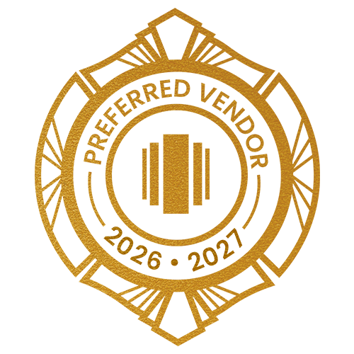 Gold badge reading Preferred Vendor 2026-2027 with ornate decorative border design.