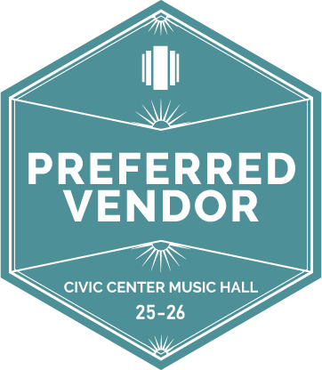 Teal hexagonal badge design for Preferred Vendor status at Civic Center Music Hall 25-26 with decorative elements.
