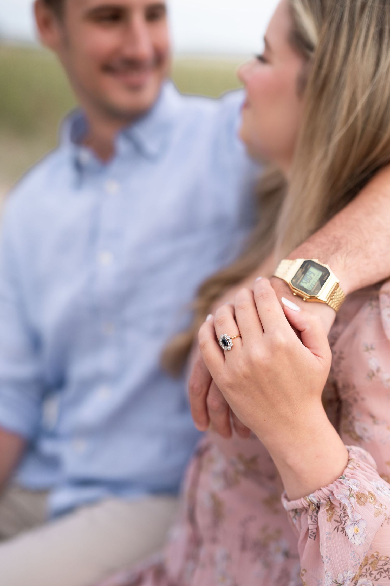 Engagement session close up photo with a family heirloom, vintage ring