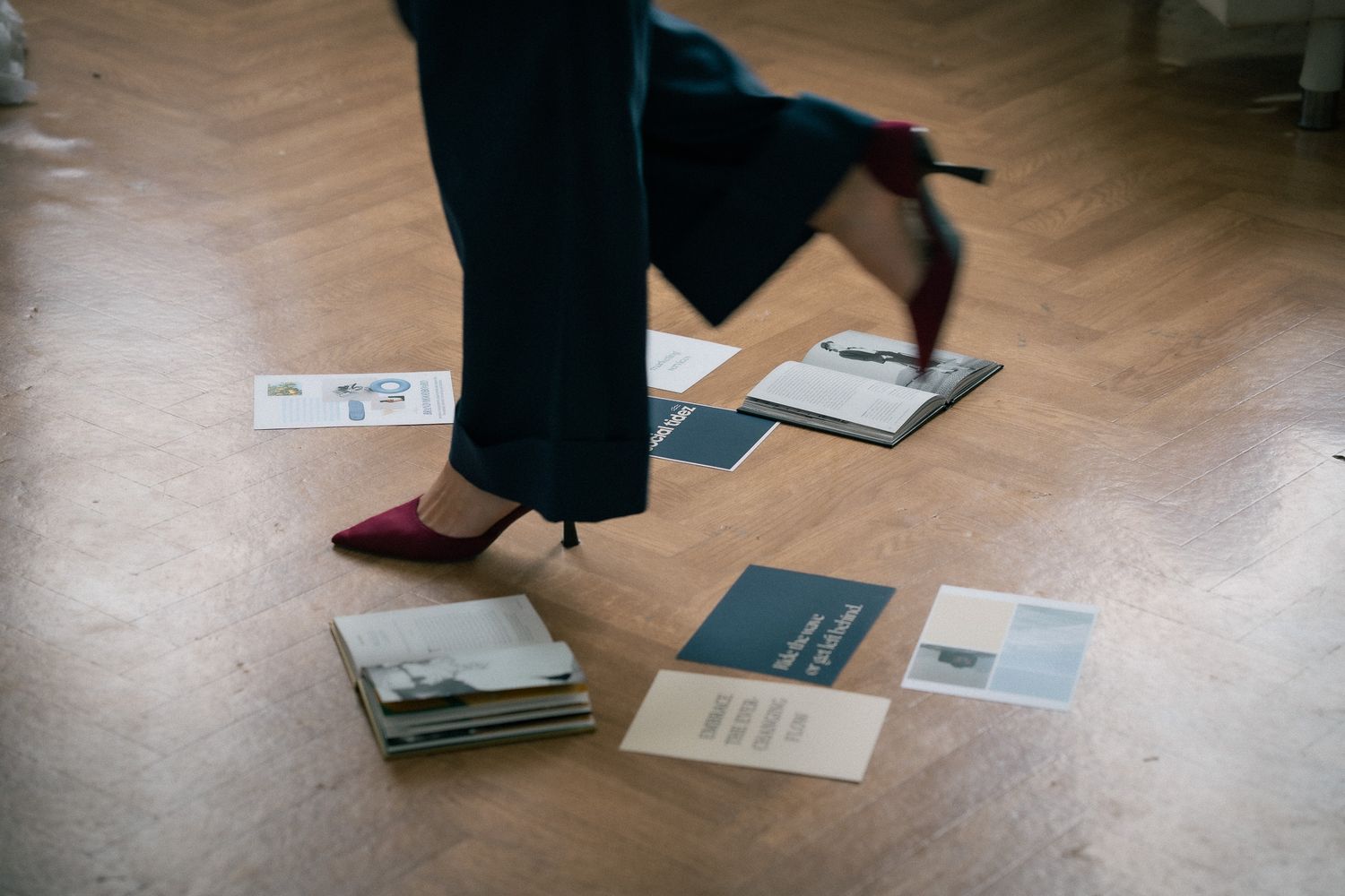 Editorial style photography for a brand of heels mid walk.