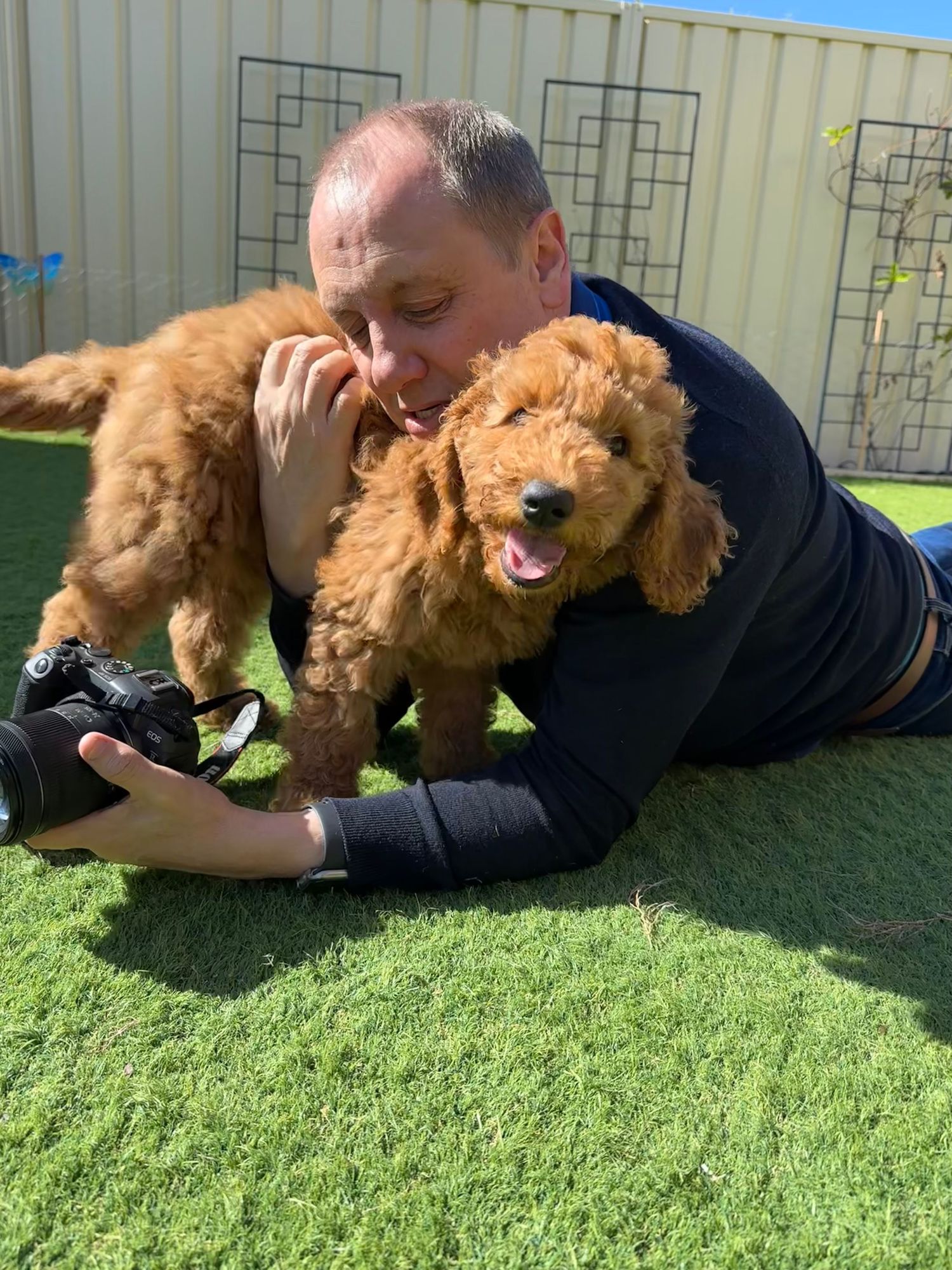 Man lying on grass cuddling fluffy goldendoodle puppy while holding a camera outdoors.
