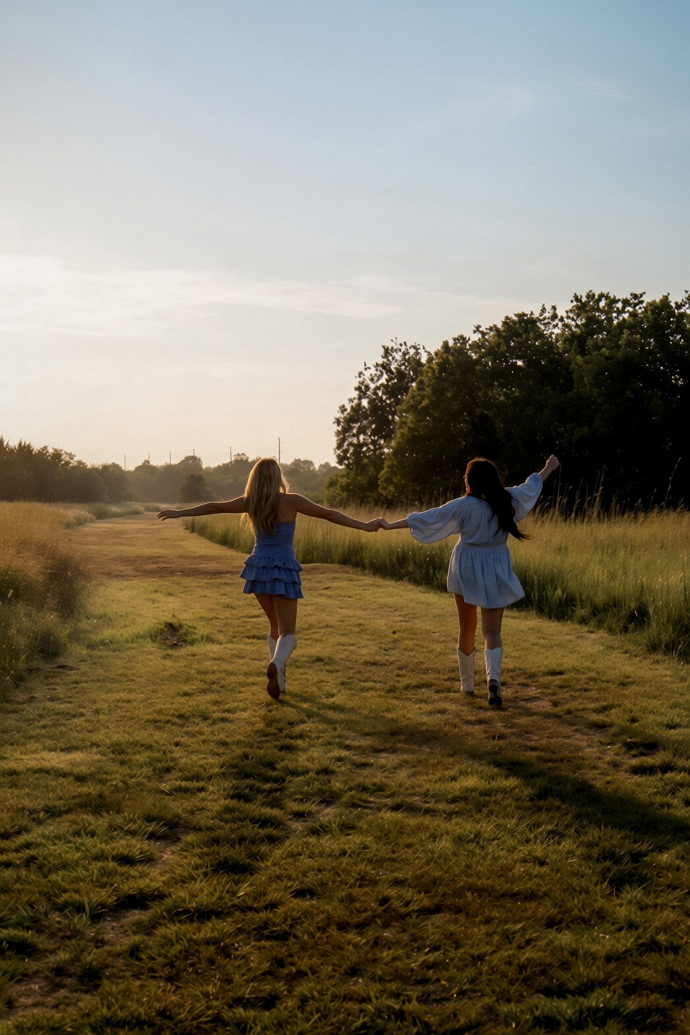 Two women in blue dresses holding hands and walking through a sunlit green field at golden hour.